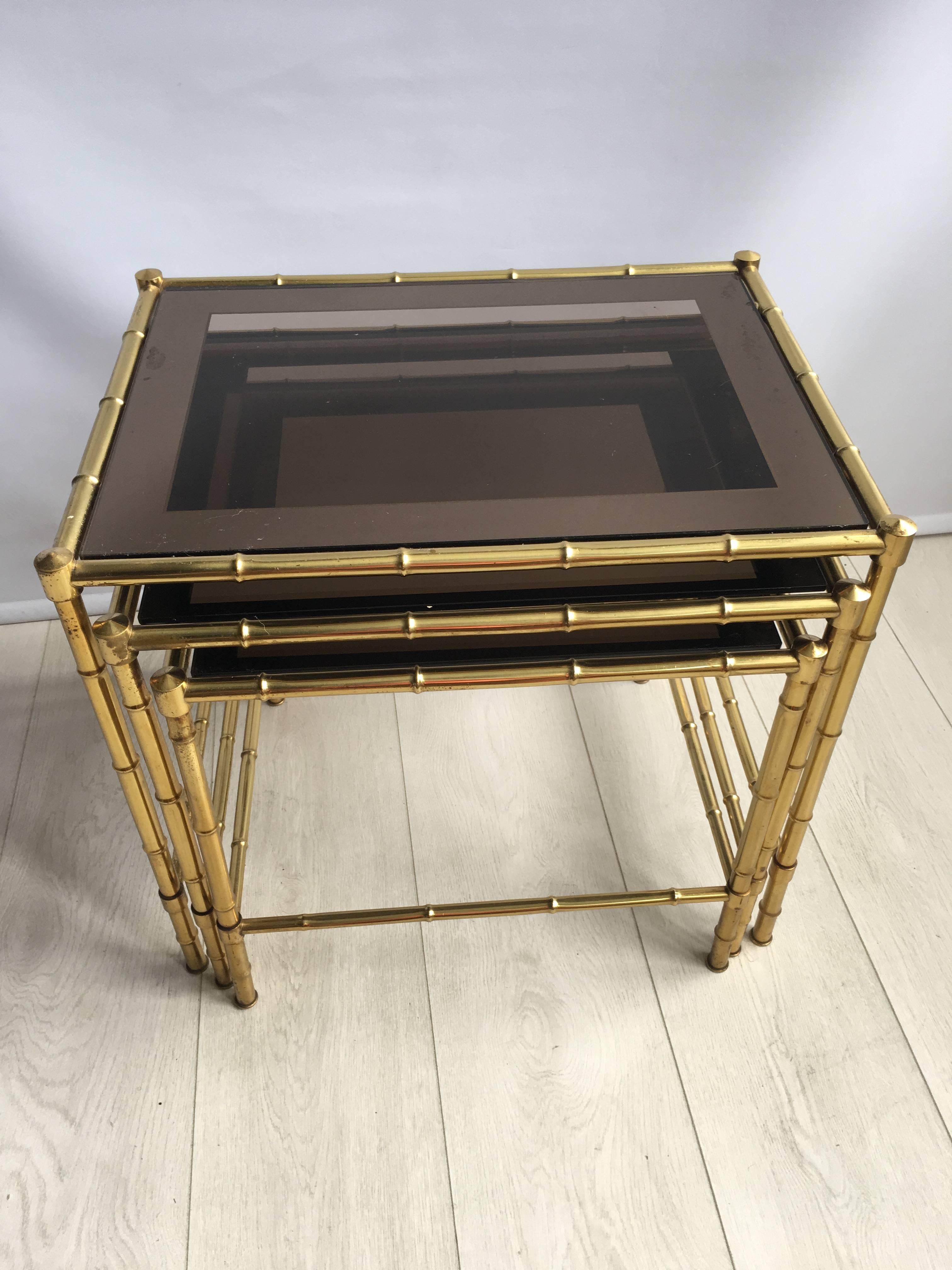 Nest of Vintage French Faux Bamboo Brass Tables For Sale 2
