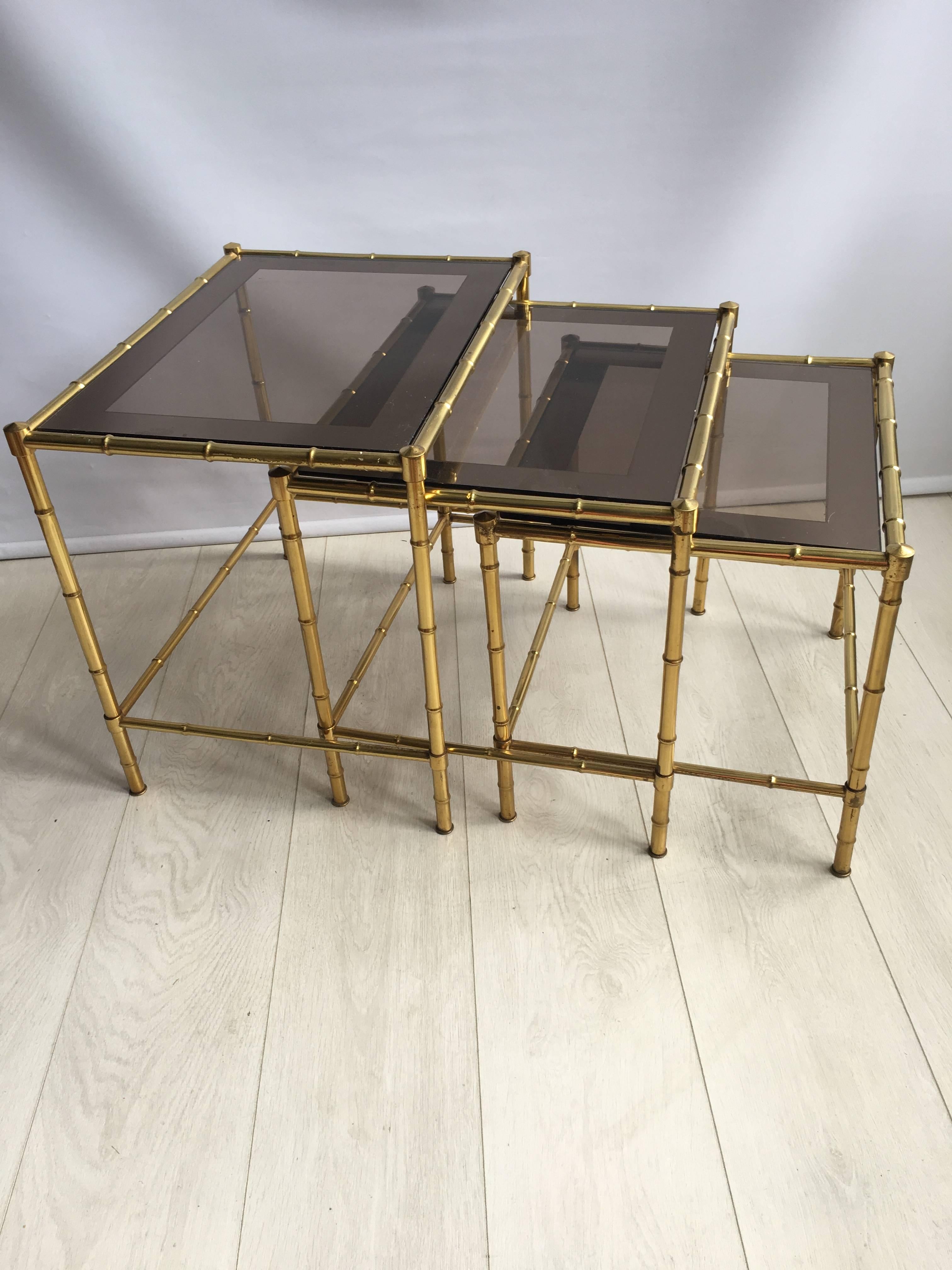 Nest of Vintage French Faux Bamboo Brass Tables For Sale 3