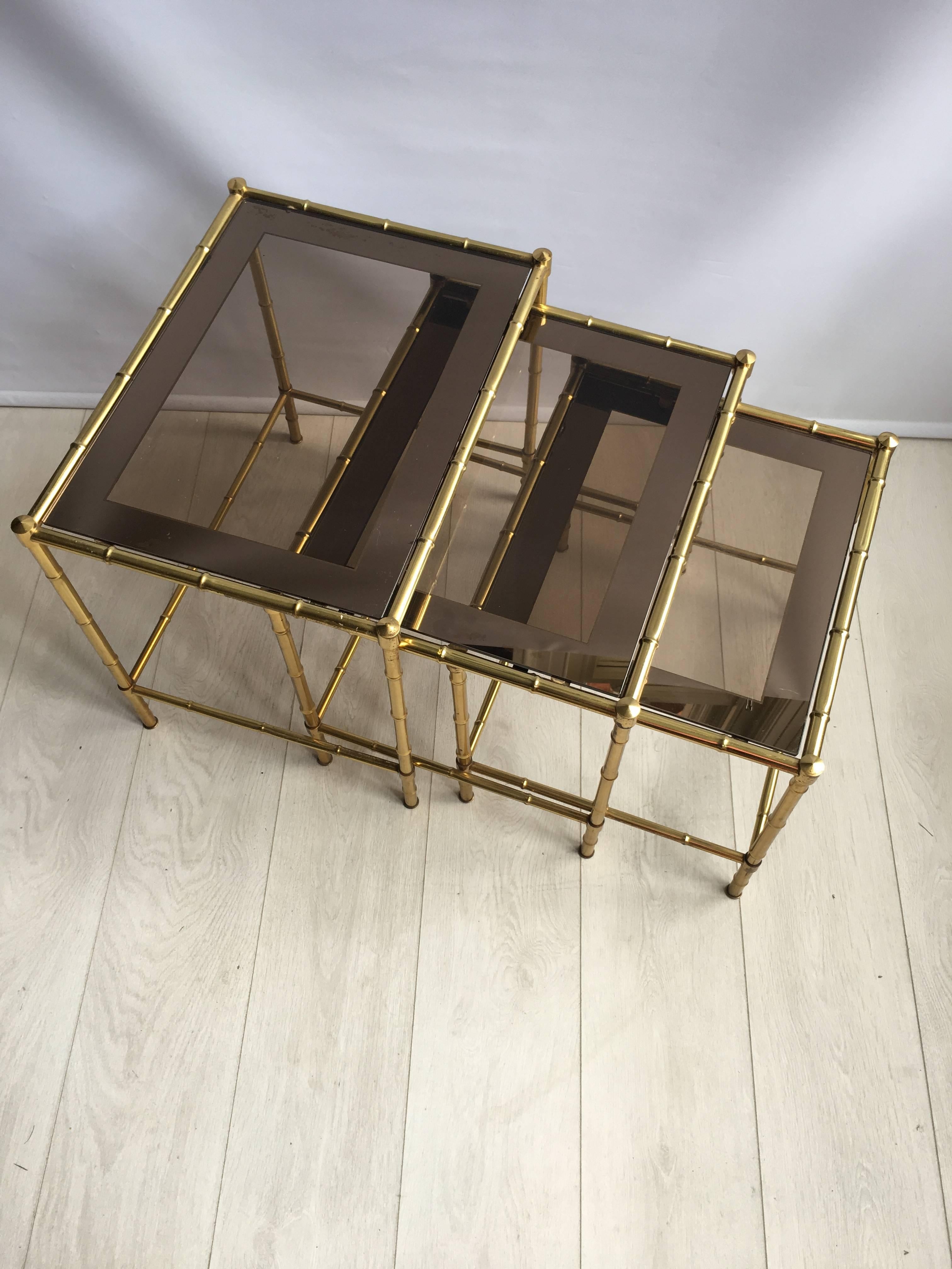 Nest of Vintage French Faux Bamboo Brass Tables For Sale 4