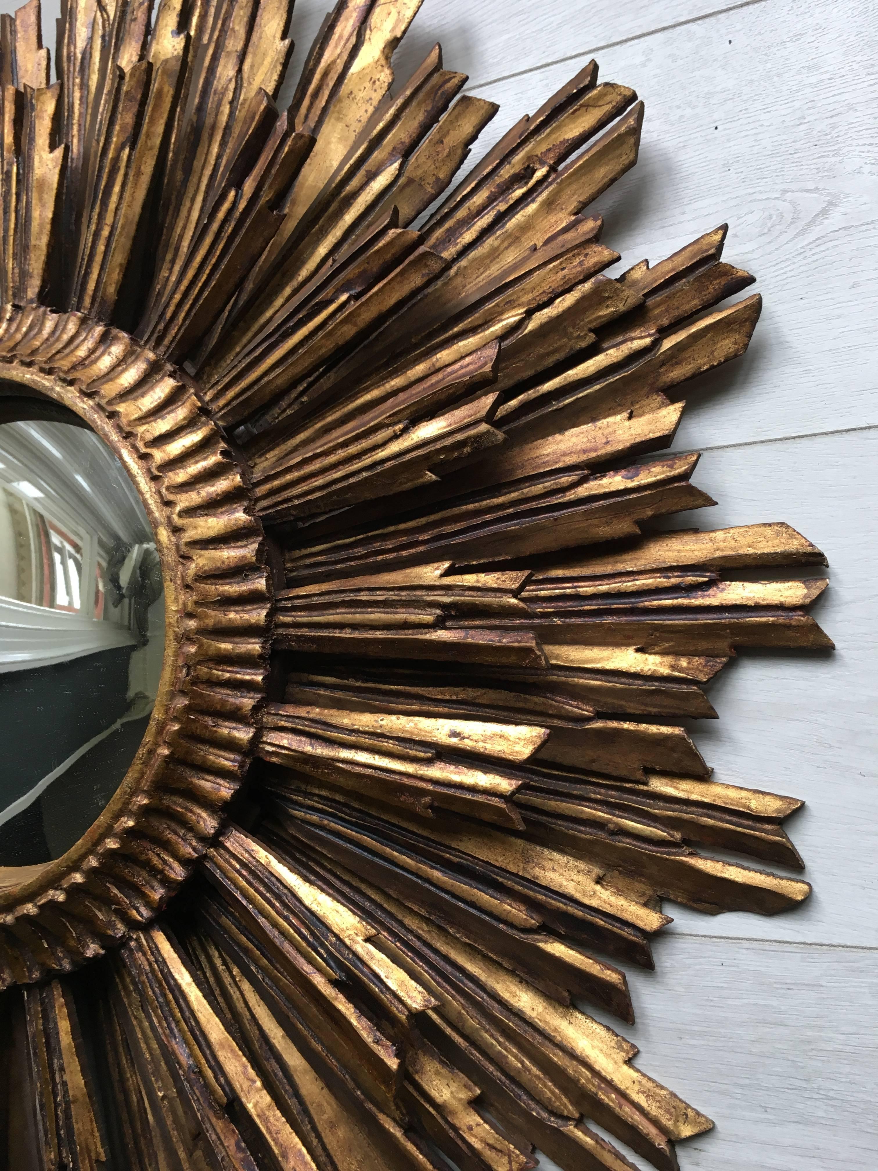 Mid-20th Century Vintage French Giltwood Sunburst Convex Mirror