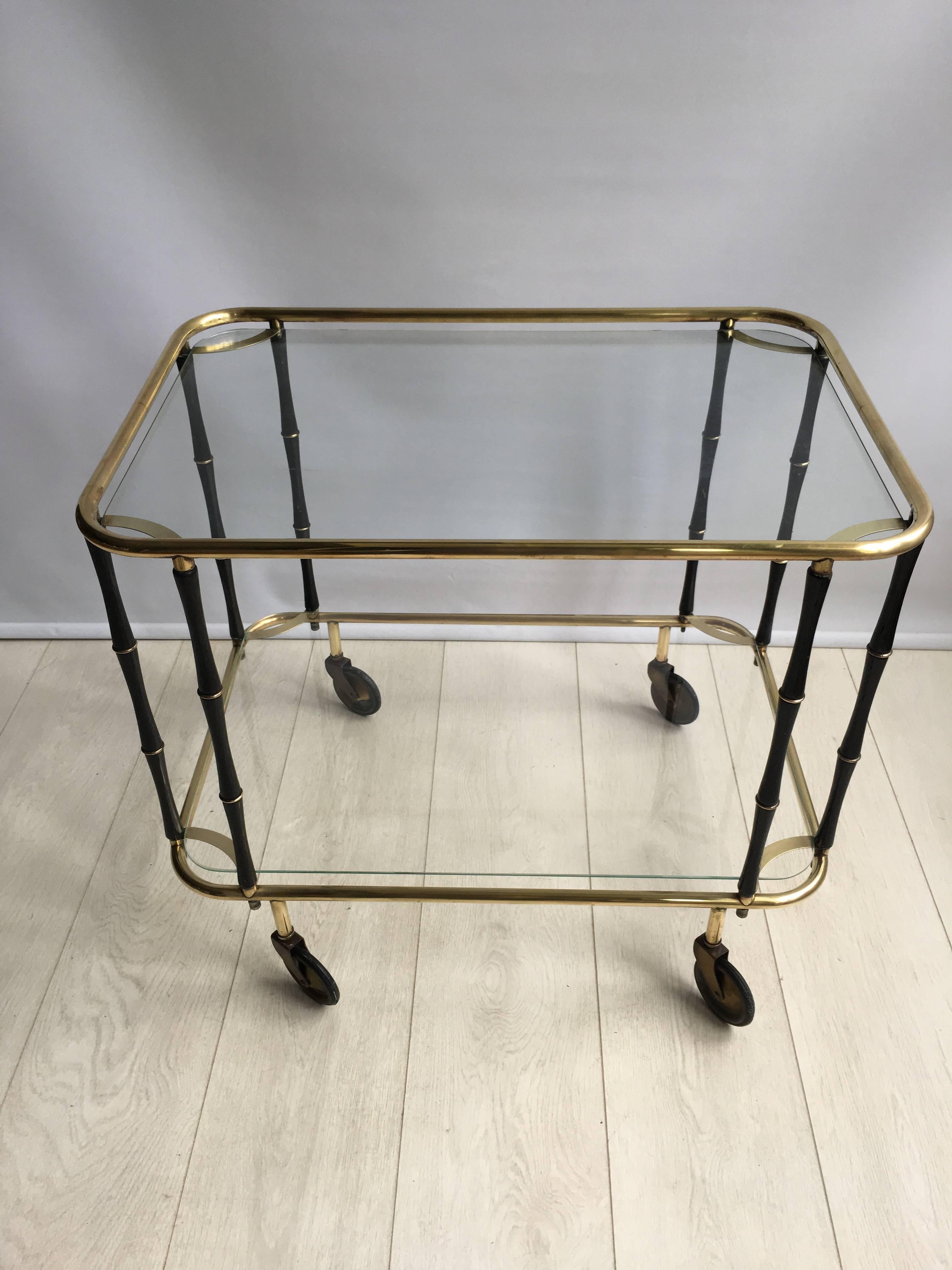 French Midcentury Faux Bamboo and Brass Drinks Trolley/Bar Cart For Sale