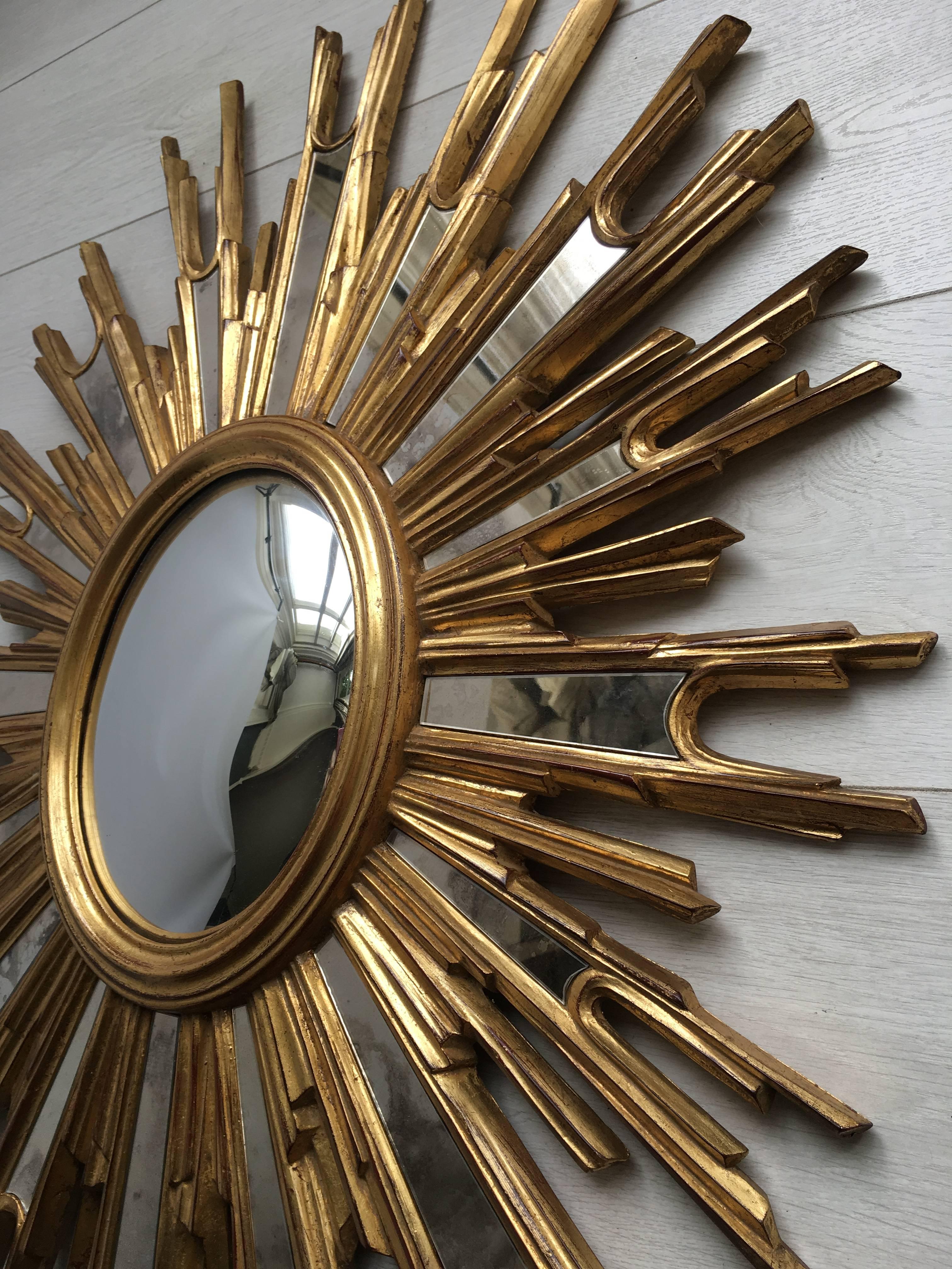 Hollywood Regency Decorative Vintage French Convex Sunburst Mirror For Sale