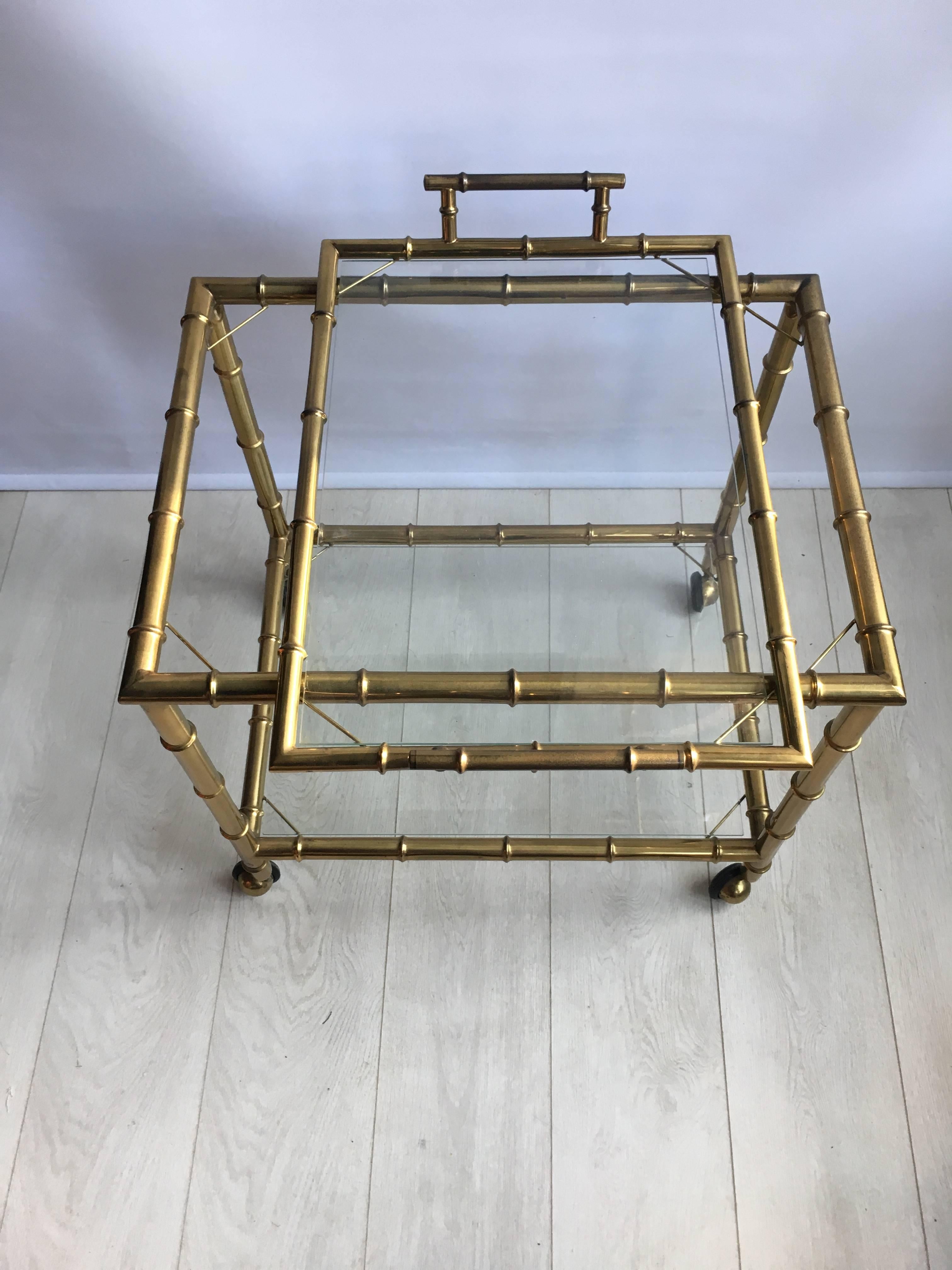 Vintage French Brass Faux Bamboo Drinks Trolley or Bar Cart In Fair Condition For Sale In West Sussex, GB