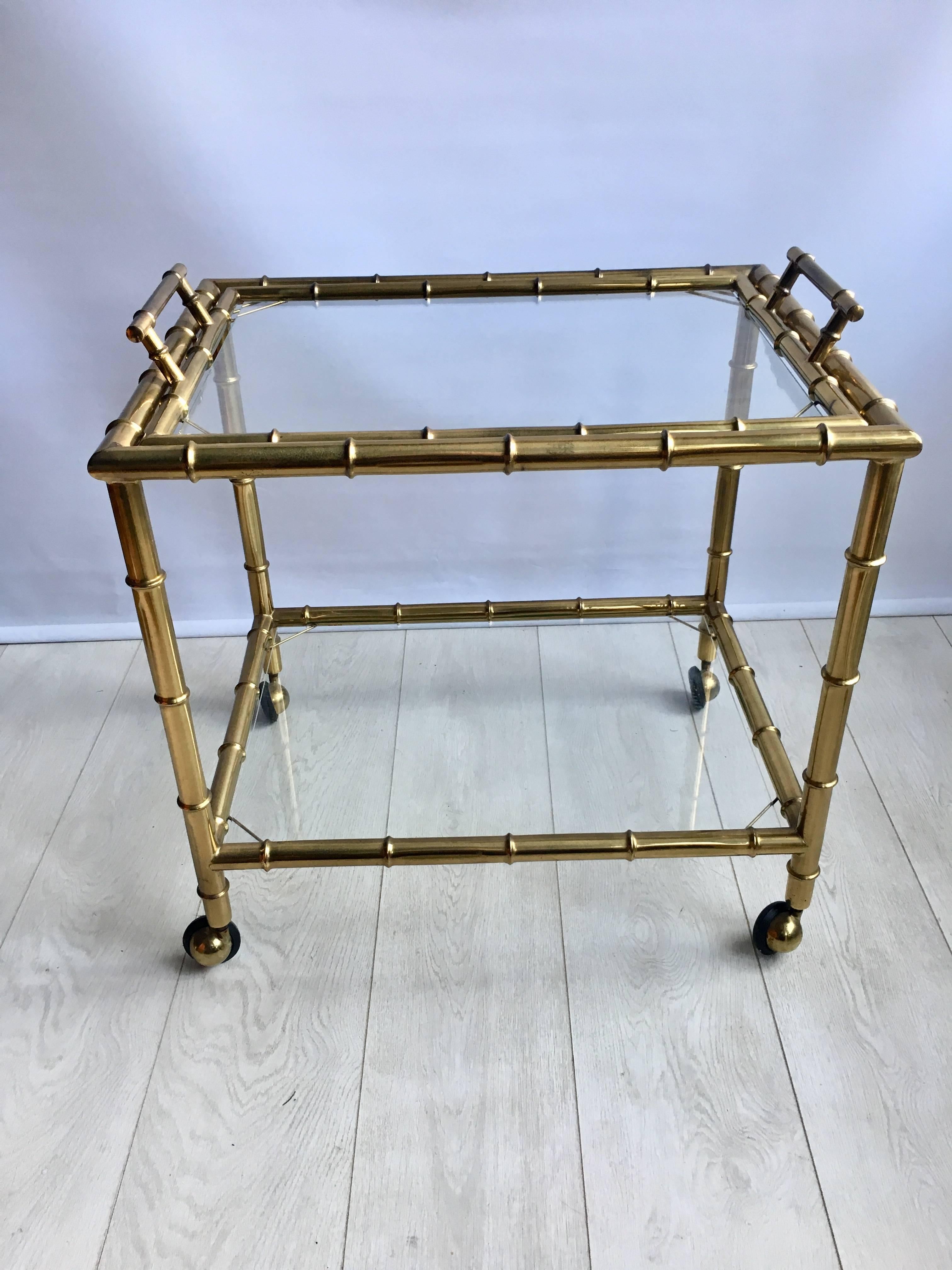 Mid-20th Century Vintage French Brass Faux Bamboo Drinks Trolley or Bar Cart For Sale