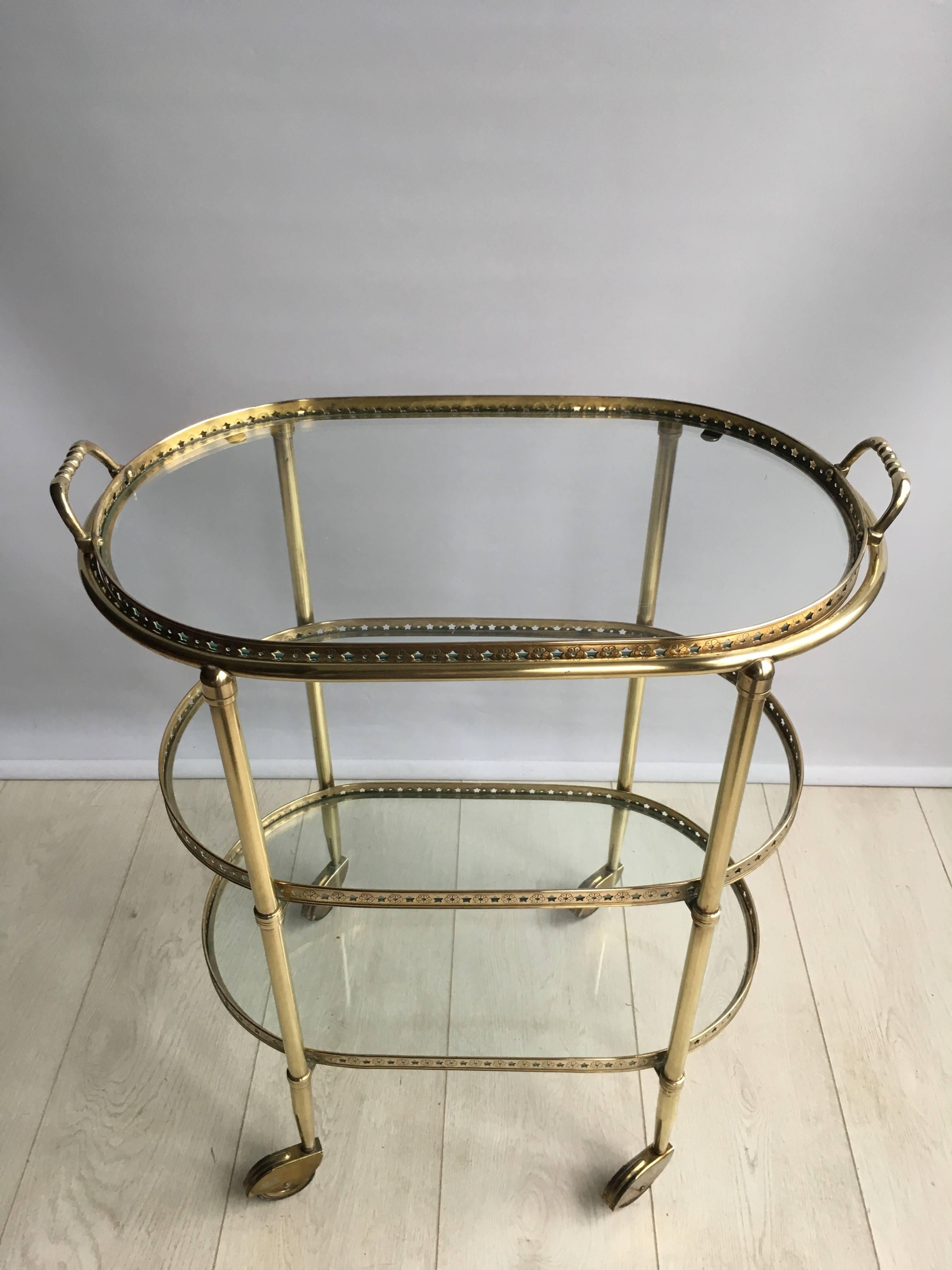 Mid-20th Century Vintage French Brass Drinks Trolley or Bar Cart For Sale