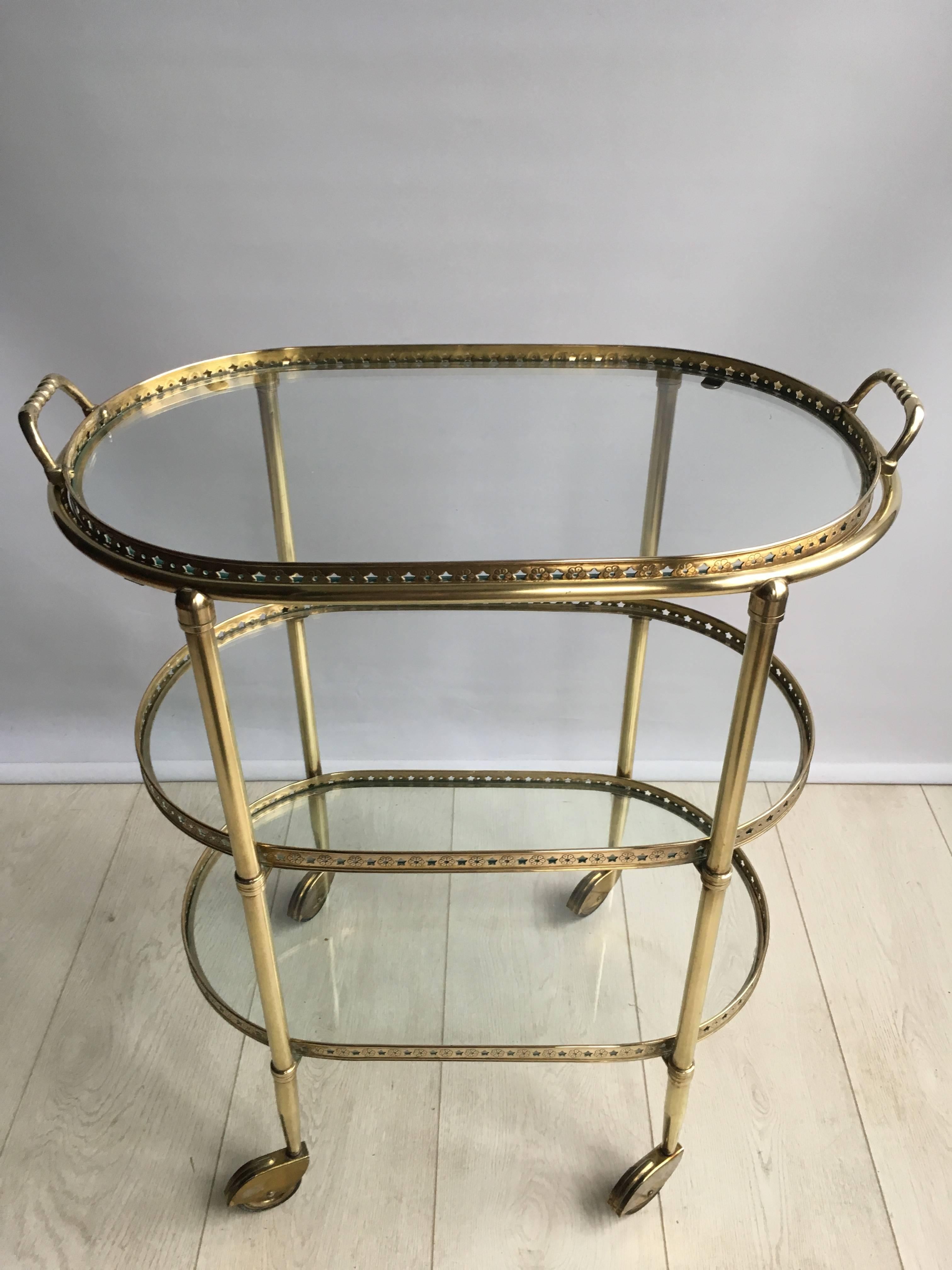 Vintage French Brass Drinks Trolley or Bar Cart In Fair Condition For Sale In West Sussex, GB