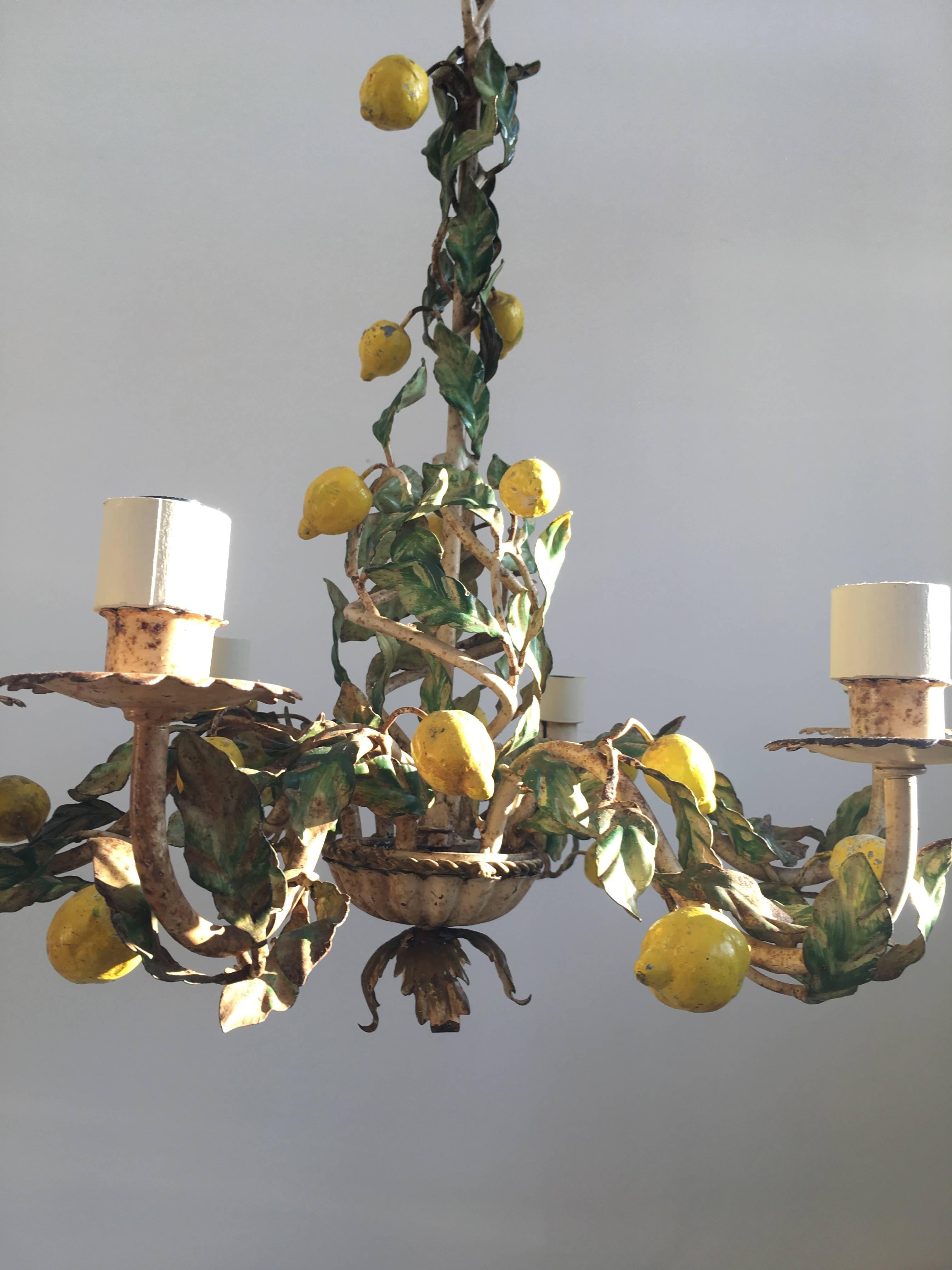 Spring is in the air with this extremely pretty chandelier from Italy, circa 1940

Six arms are adorned with small lemons and twisted branches with leaves, a lovely aged patina to the entire chandelier

Please see close up images (there is one