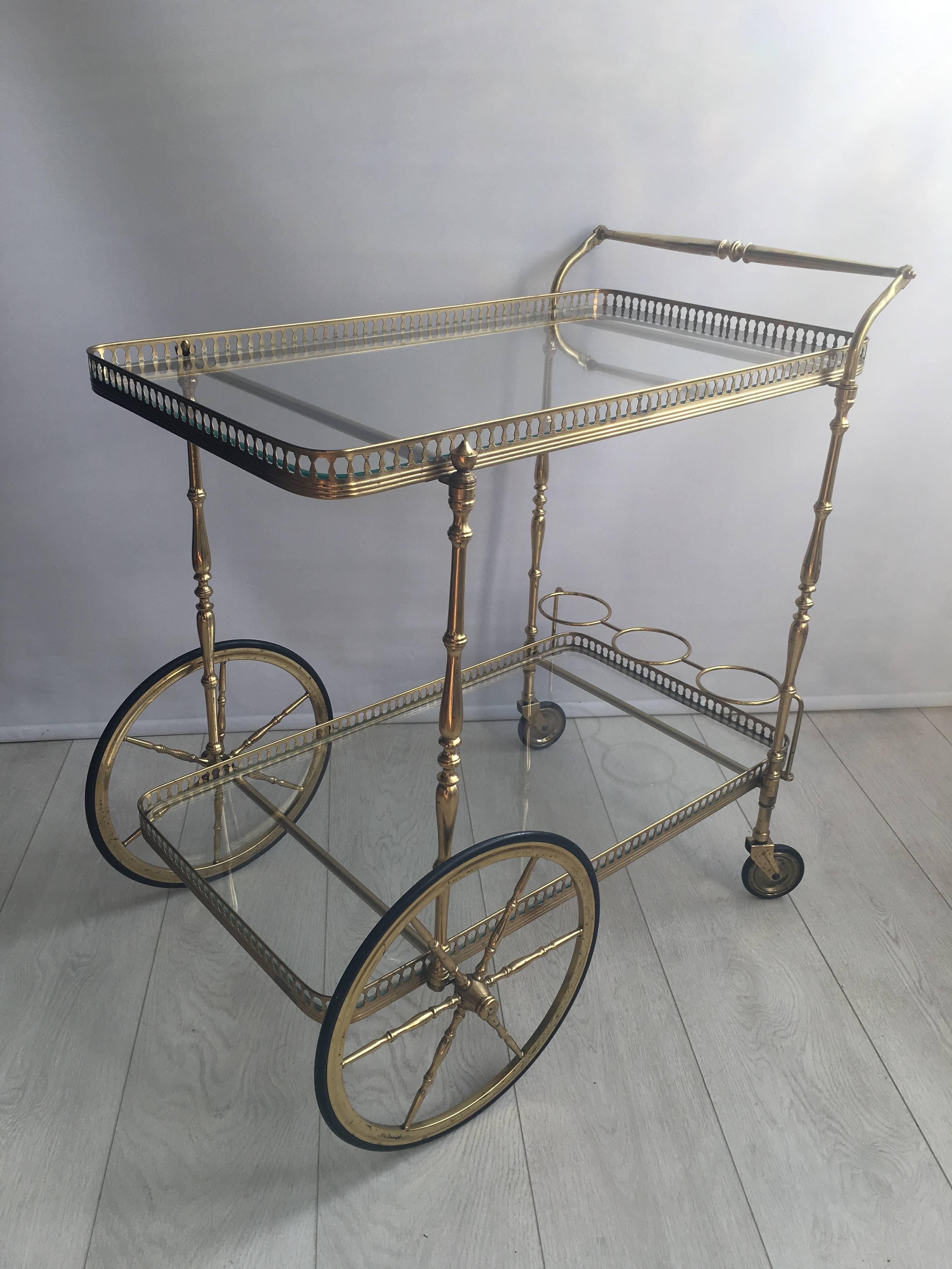 Hollywood Regency Vintage French Brass Drinks Trolley or Bar Cart