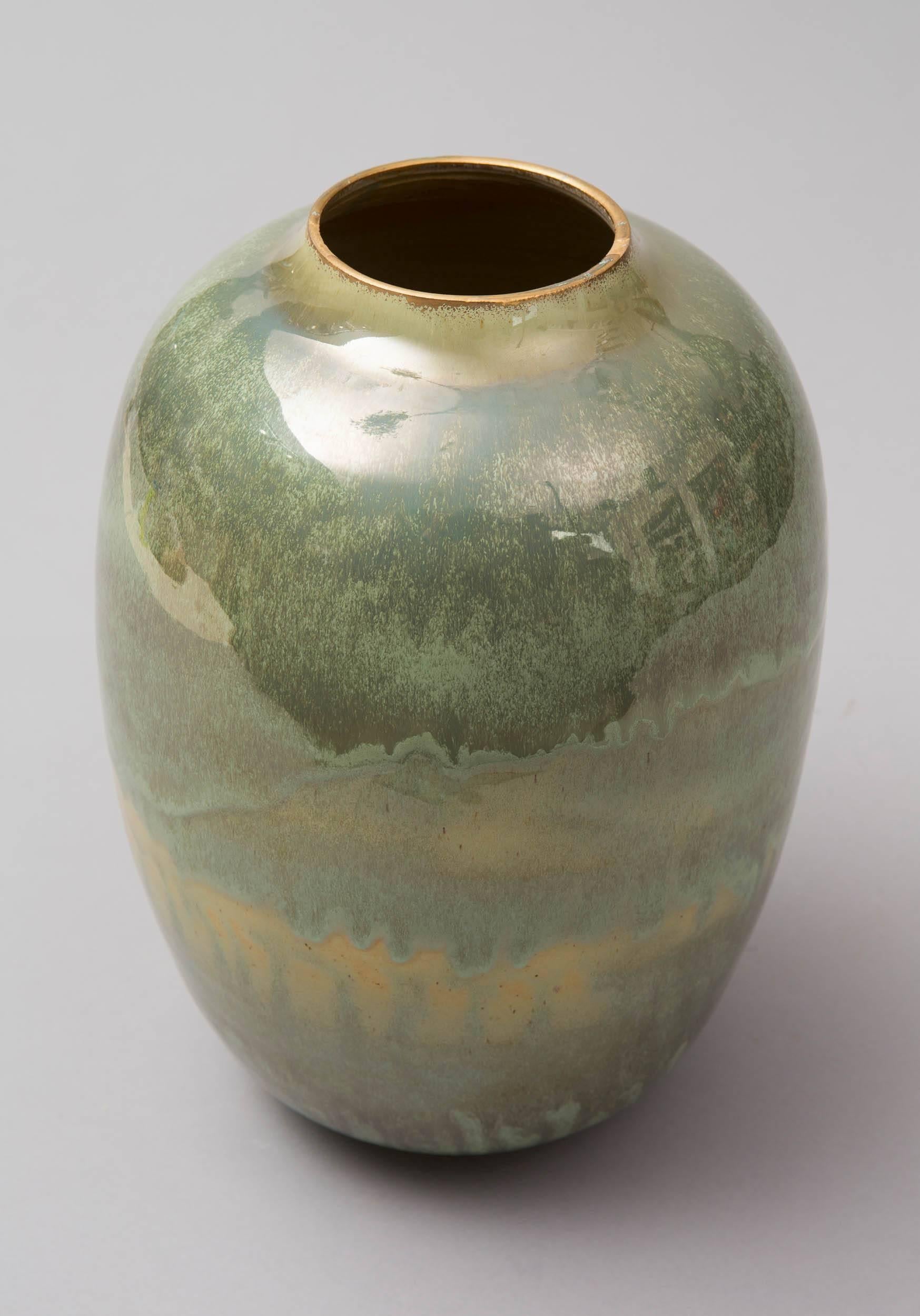 Gilt Contemporary 2015 Green Celadon Vase, One of a Kind, Karen Swami