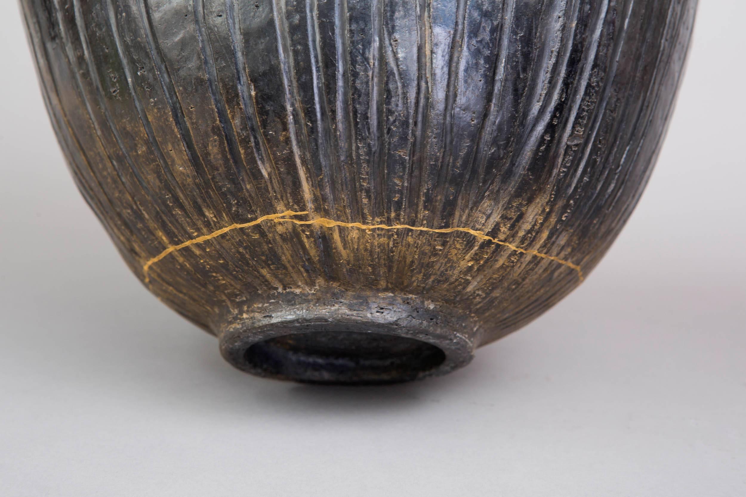 Burnished Contemporary ‘2016’ Kintzugi Smoke Fired Vase One of a Kind, Karen Swami For Sale