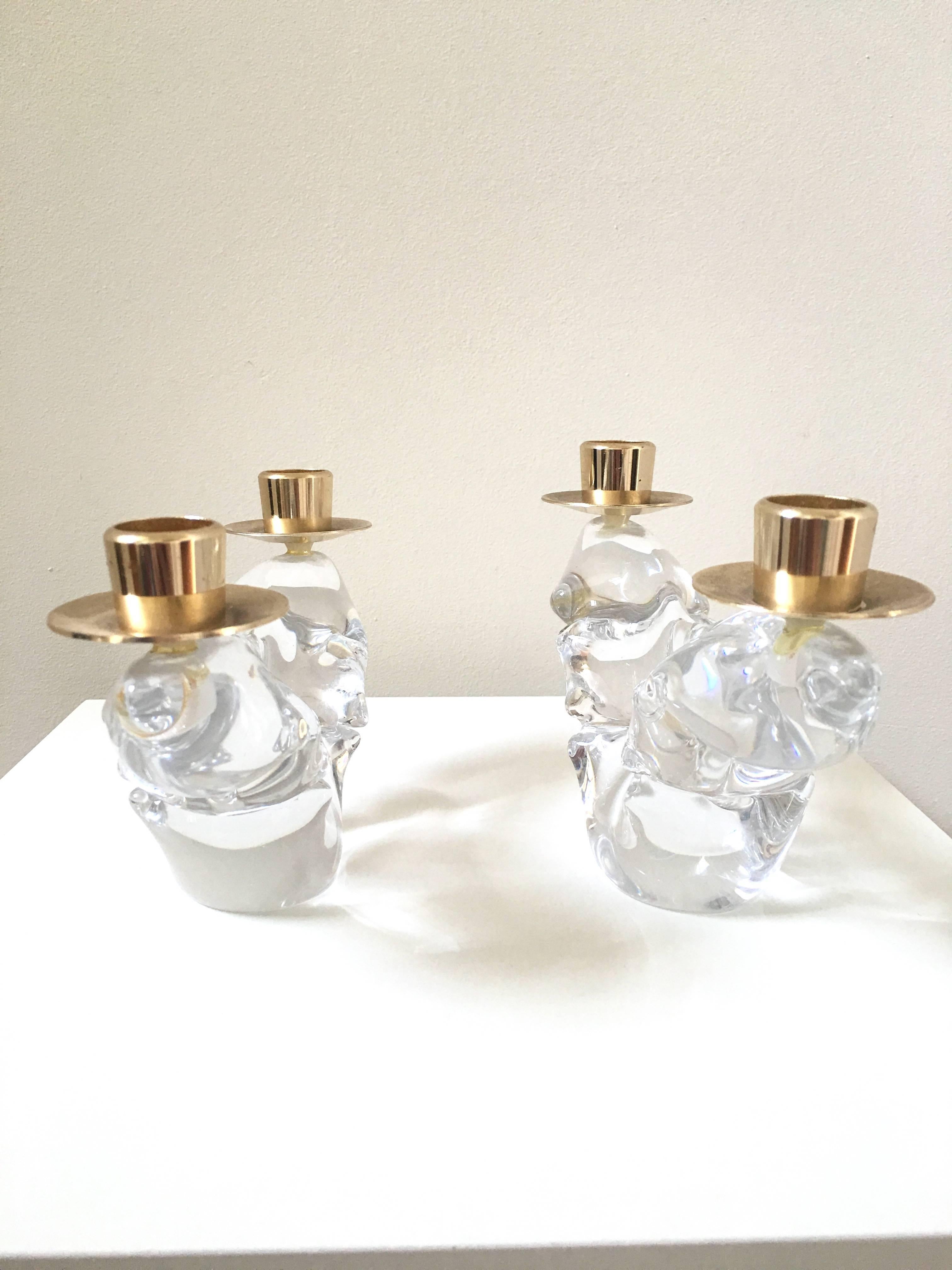 French Pair of Schneider, France Crystal Candlesticks, Signed For Sale