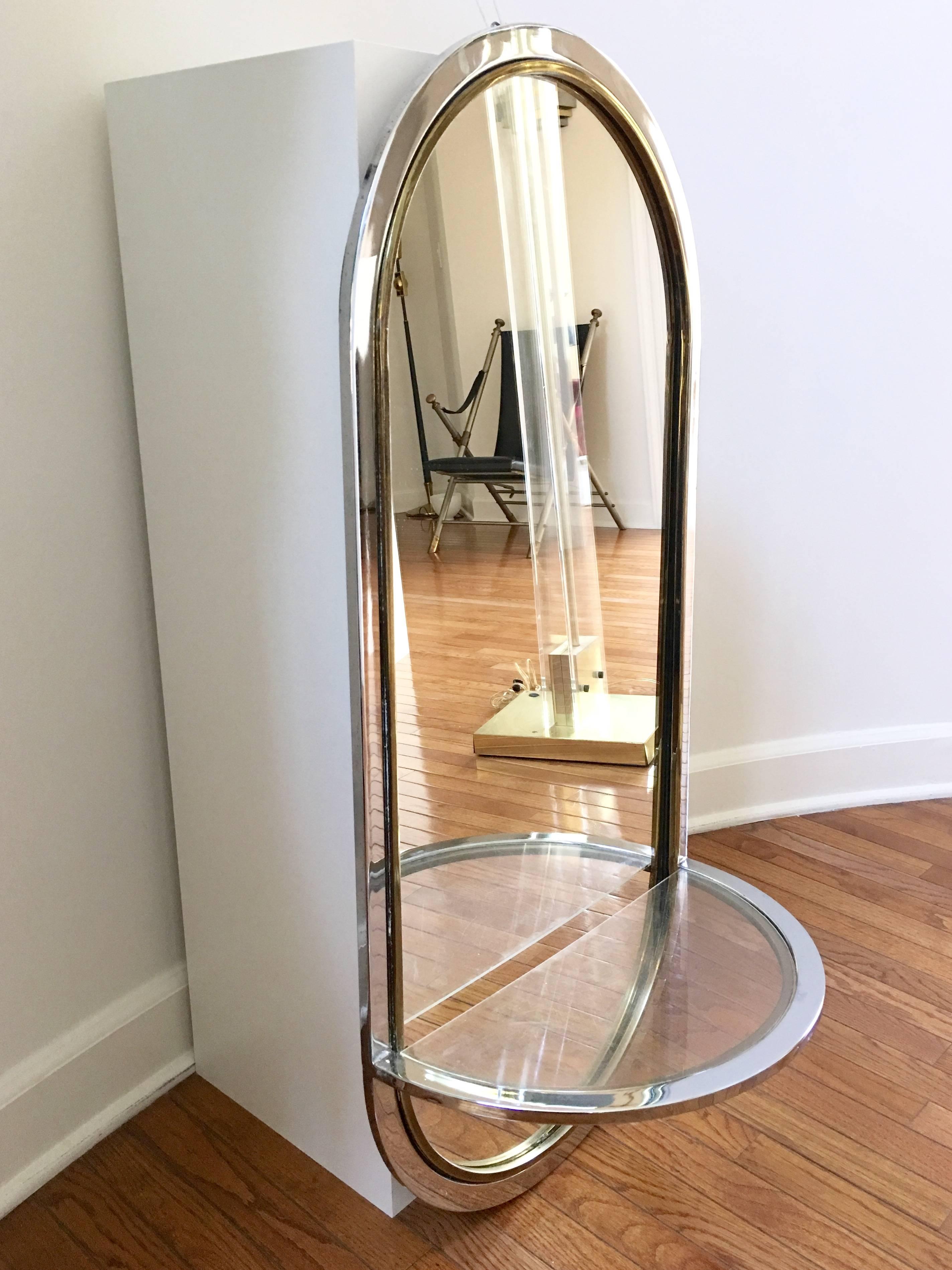 20th Century Chrome, Brass and Lucite Oval Mirror For Sale