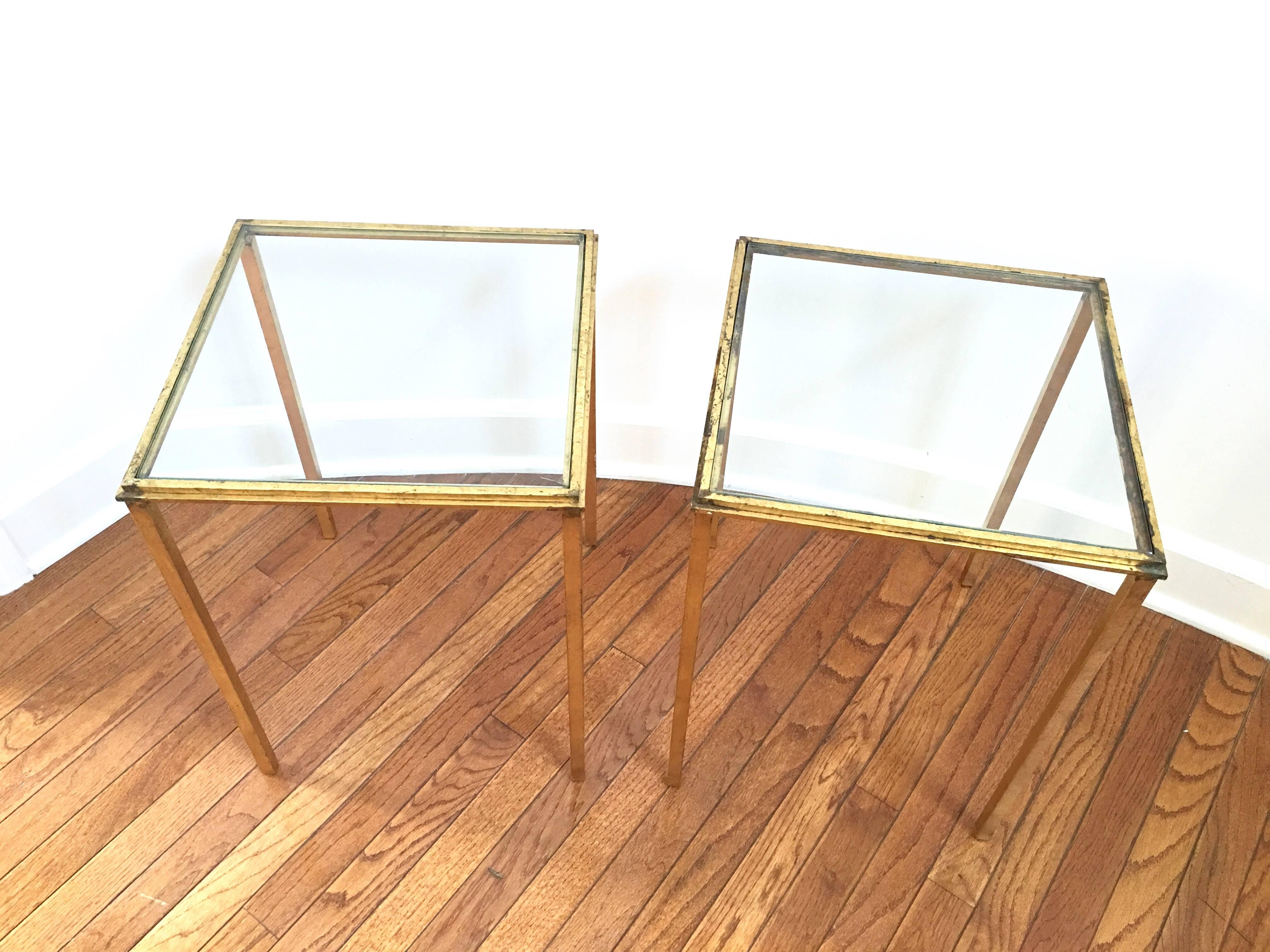 Modern Pair of Gilded Iron and Glass French Tables