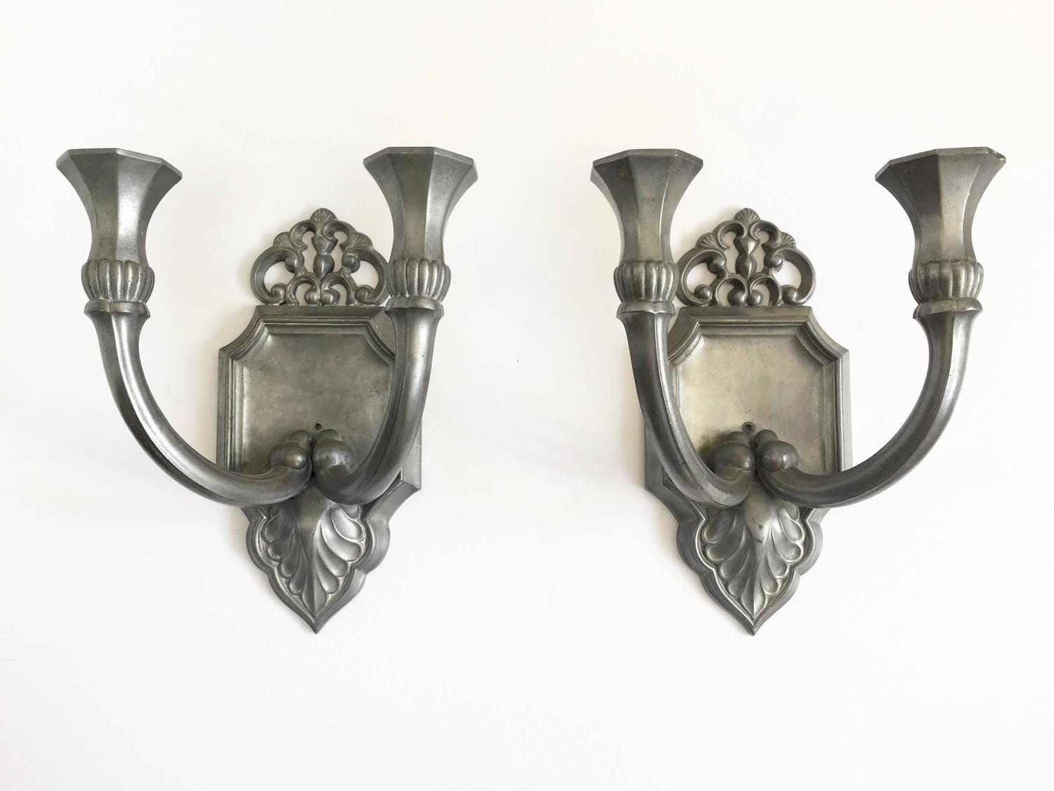 Pair of Just Andersen Pewter Candle Sconces, Signed For Sale at 1stdibs