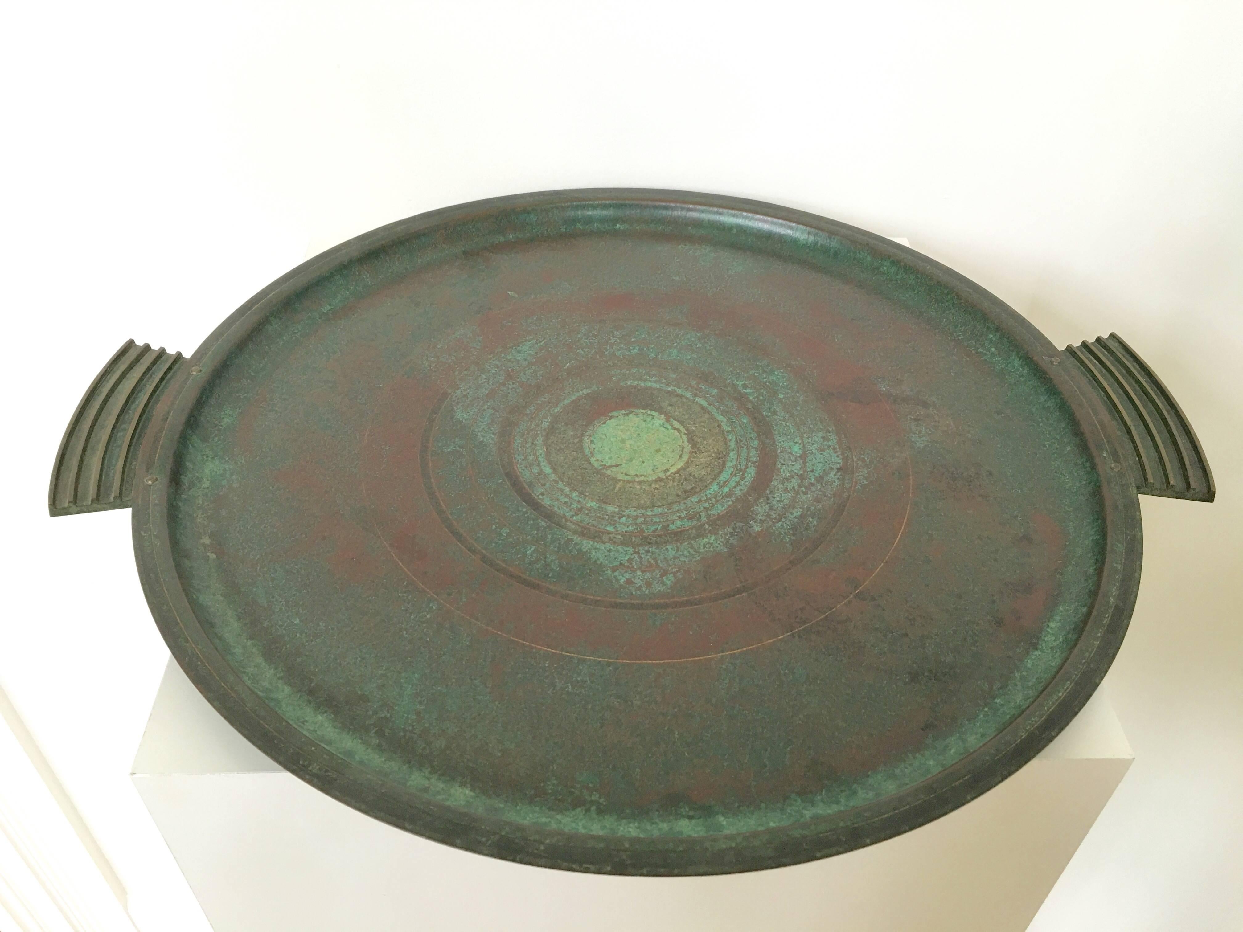 Arts and Crafts Carl Sorensen Bronze Verdigris Tray, Signed For Sale