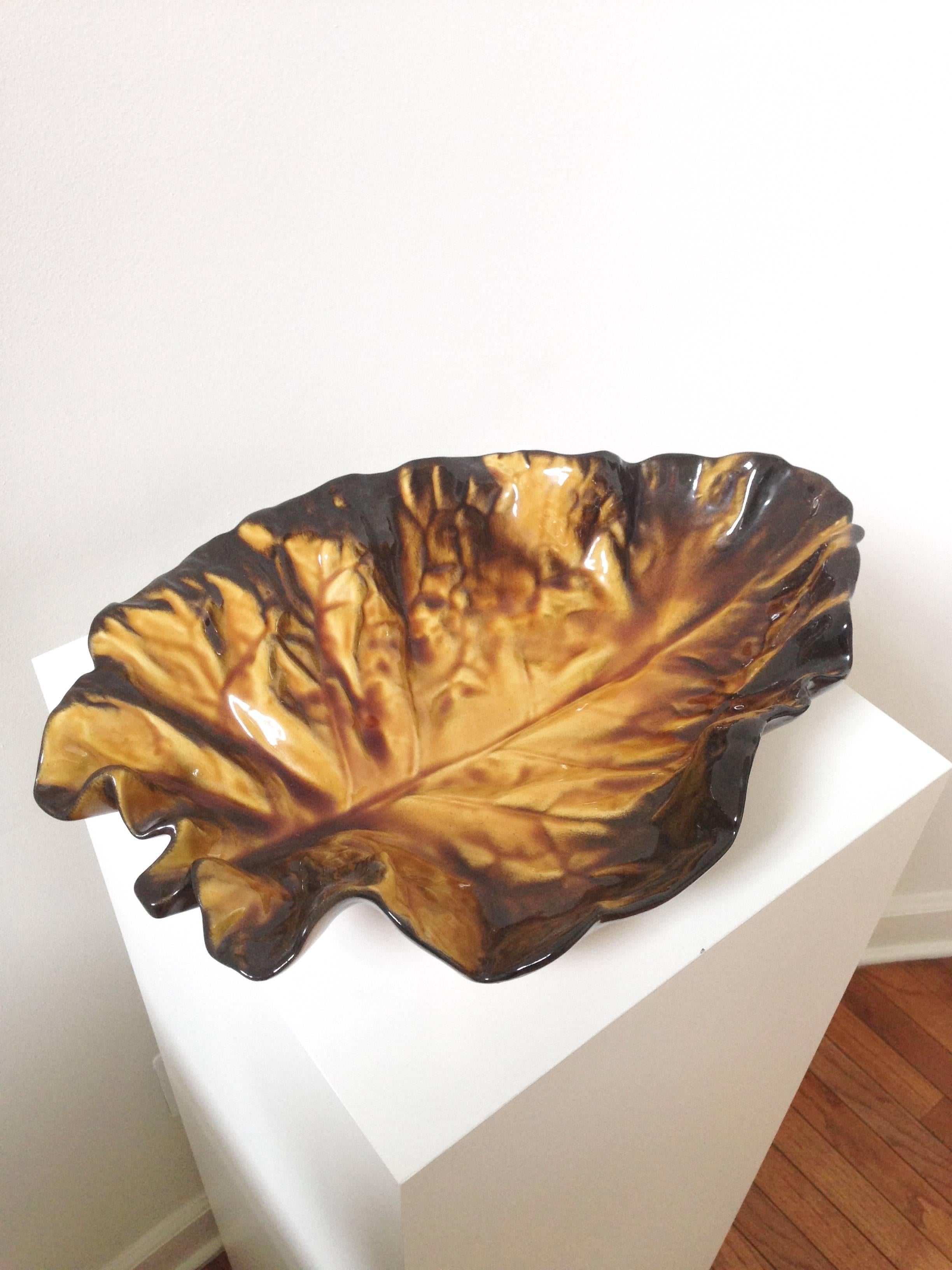 French Large Pol Chambost Fall Leaf Ceramic Bowl, Signed For Sale