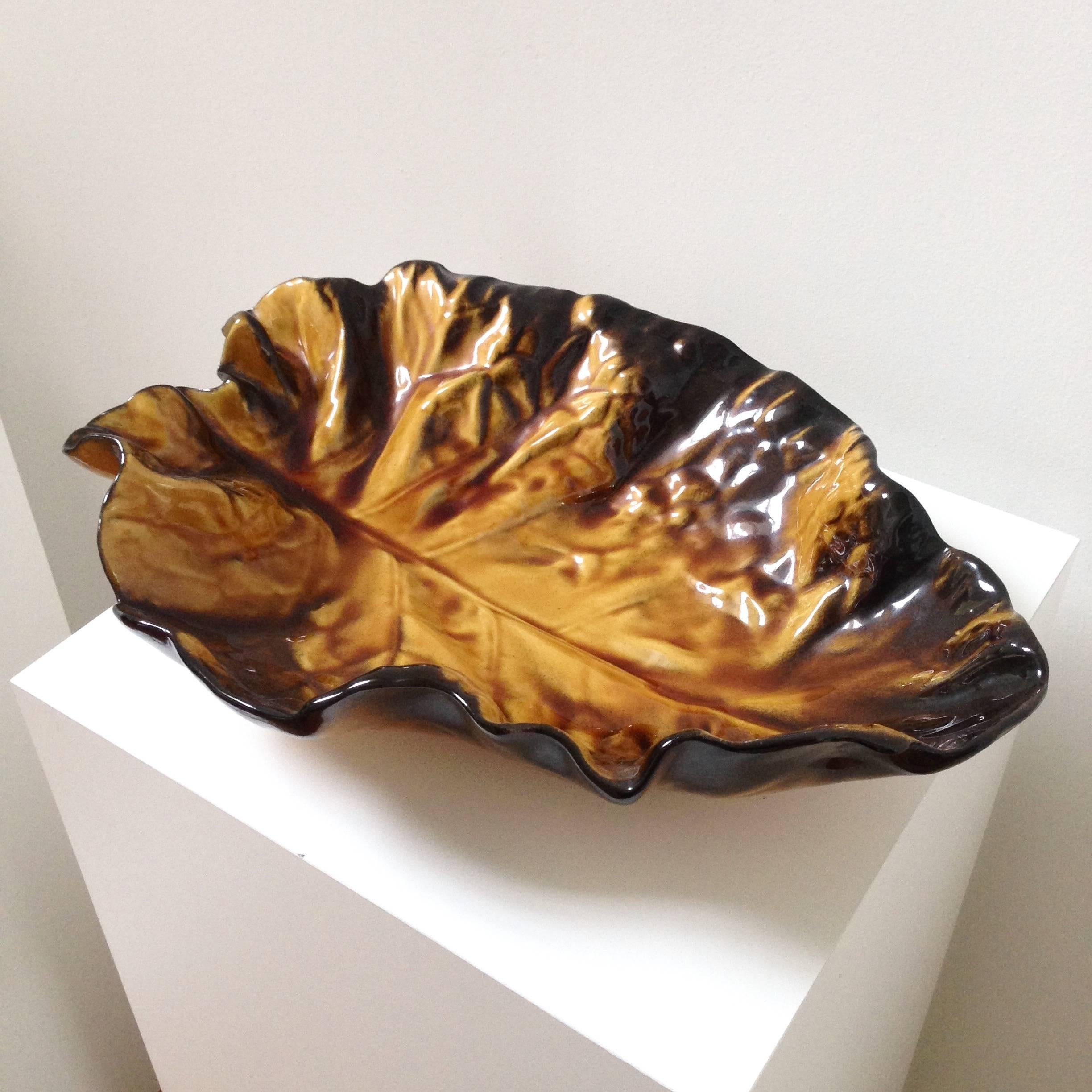 Modern Large Pol Chambost Fall Leaf Ceramic Bowl, Signed For Sale