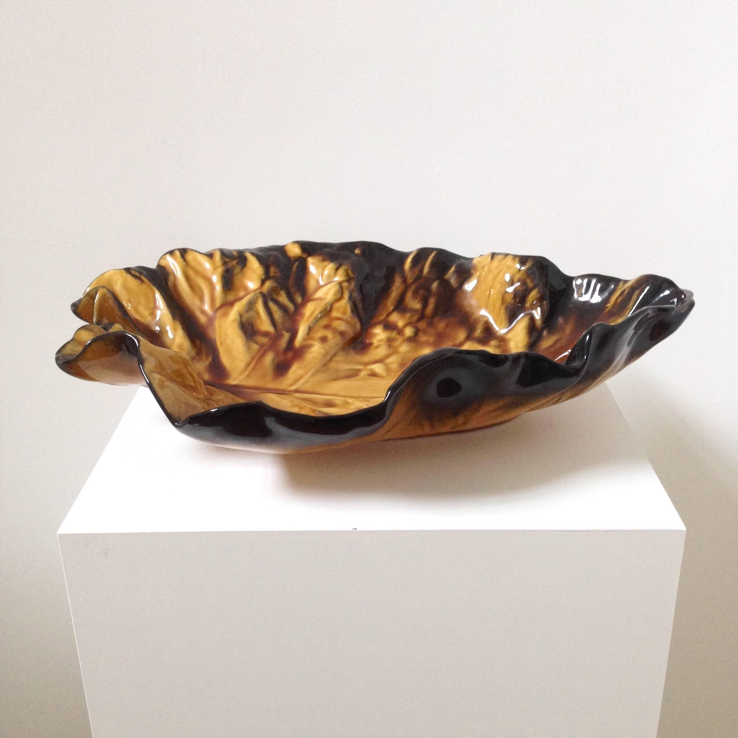 Fantastic sculptural ceramic bowl by the French potier Pol Chambost in the form of a gorgeous fall leaf. Terrific scale at nearly 17