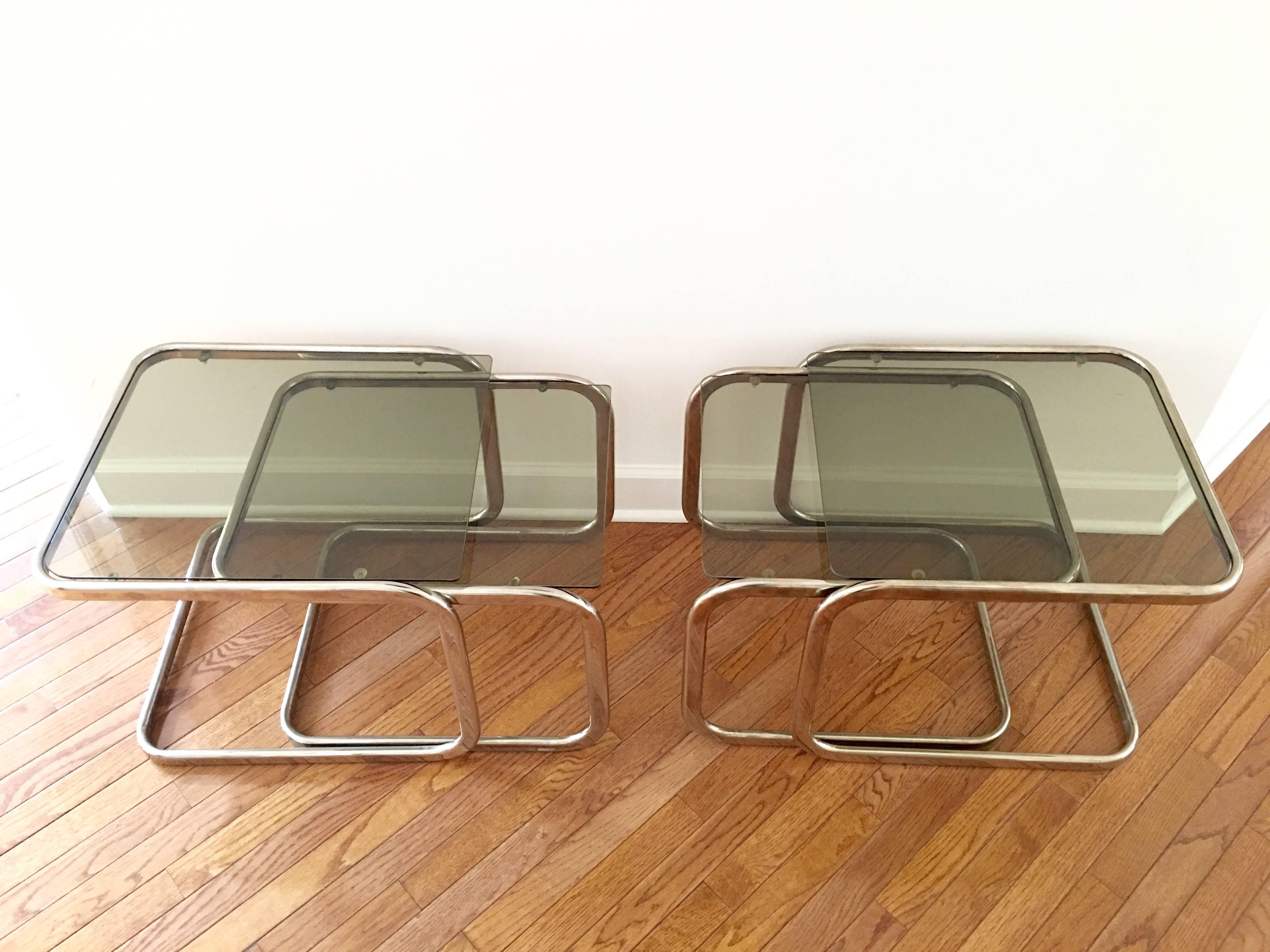 American Pair of Brass and Glass Nesting Tables For Sale