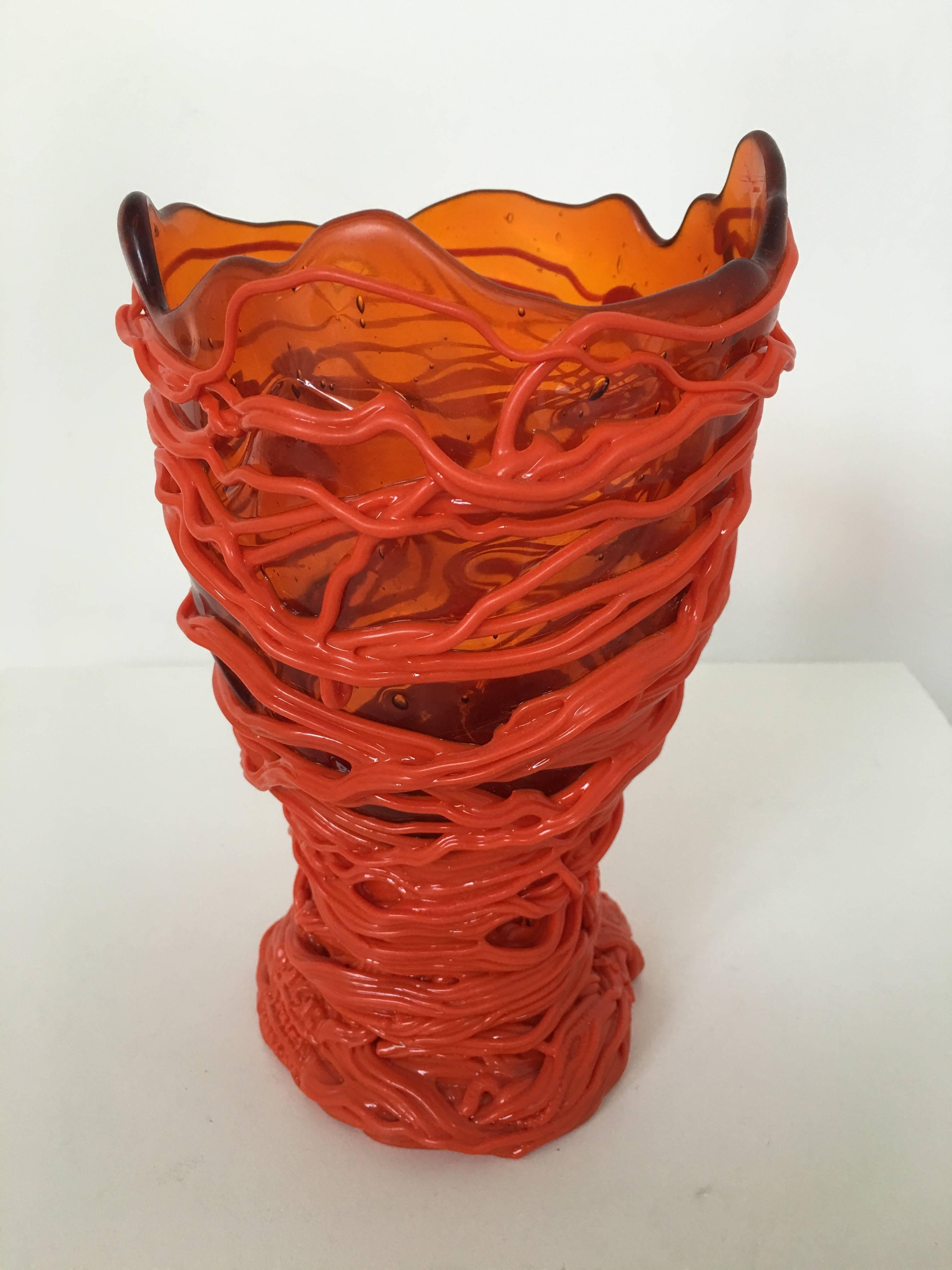 A fabulous orange on orange sculptural Gaetano Pesce vase. Stamped on the bottom.