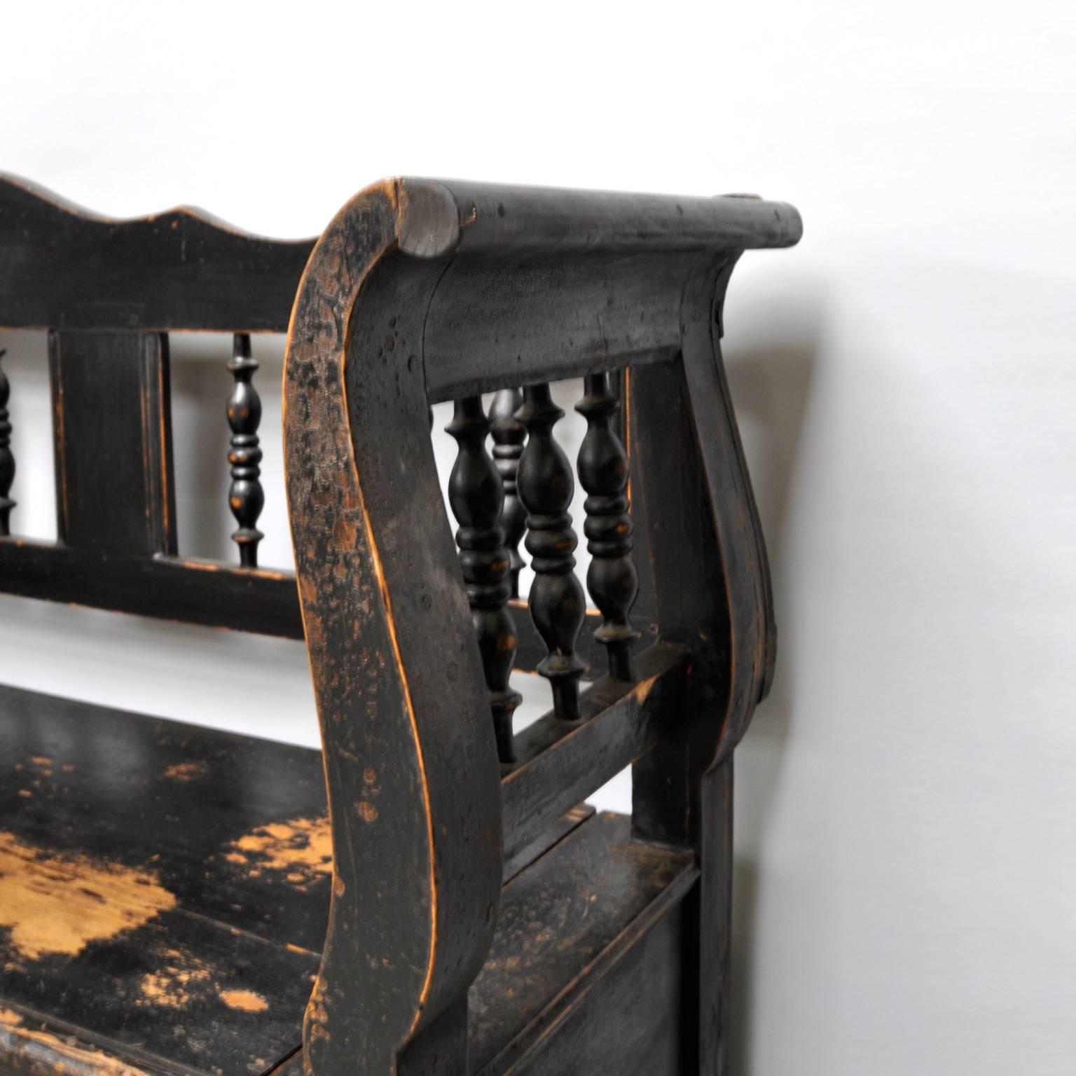 Country Antique Storage Bench with Original Black Paint, circa 1900