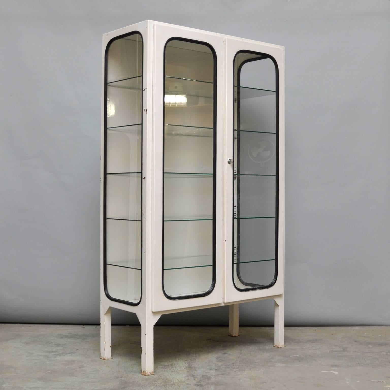 Industrial Vintage Glass and Iron Medicine Cabinet, 1970s
