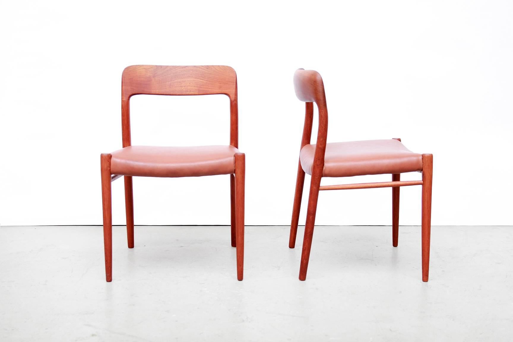 Very nice set of four dining chairs designed by Niels Møller. Niels Møller is famous in Denmark for his quality and craftsmanship and is also well-known in this model, model 75. The chairs are over 50 years old and are still in top condition. The