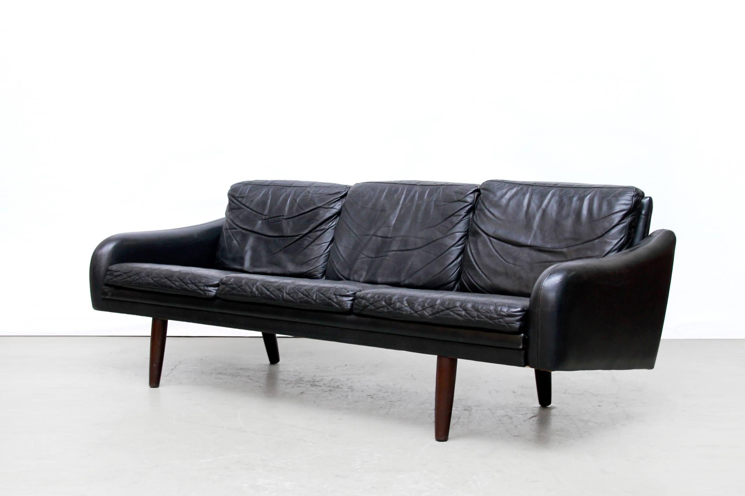 20th Century Black Leather Mid-Century Modern Danish Design Sofa, 1960s