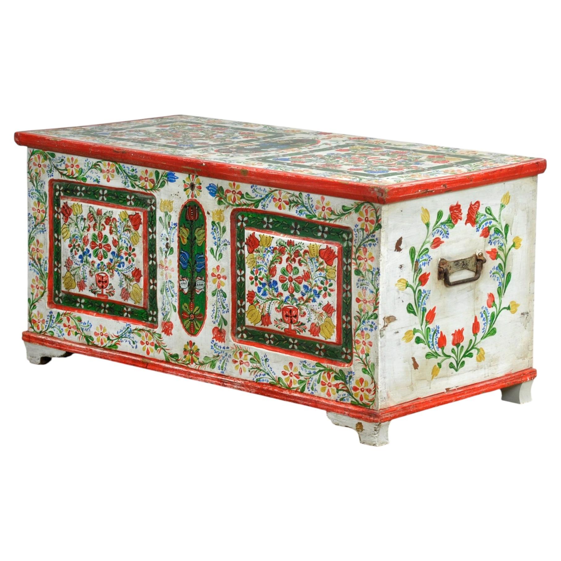 Vintage Hand-Painted Wooden Floral Folk Art Storage Trunk For Sale at ...