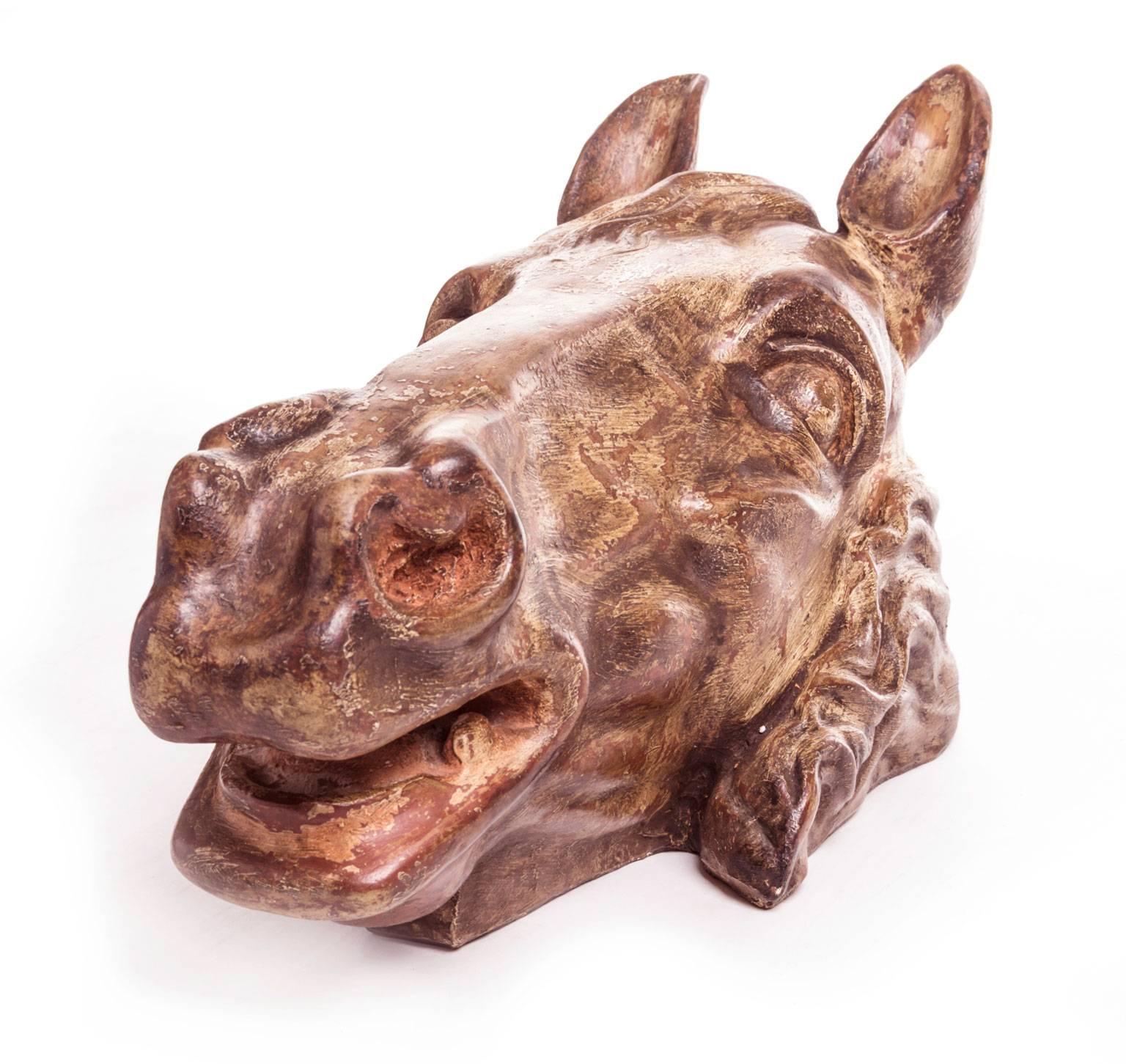 French Horse Head, Faience with Faux Bois Finish, France, 19th Century
