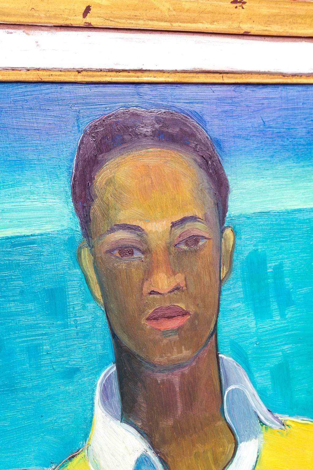 An oil painting by Arne Siegfried (Lucerne 1893-Schaffhausen 1985) of a young black man sitting on a chair with the sea in the background. A very captivating image and composition painted with bright yellow and spectacular shades of blue. Signature