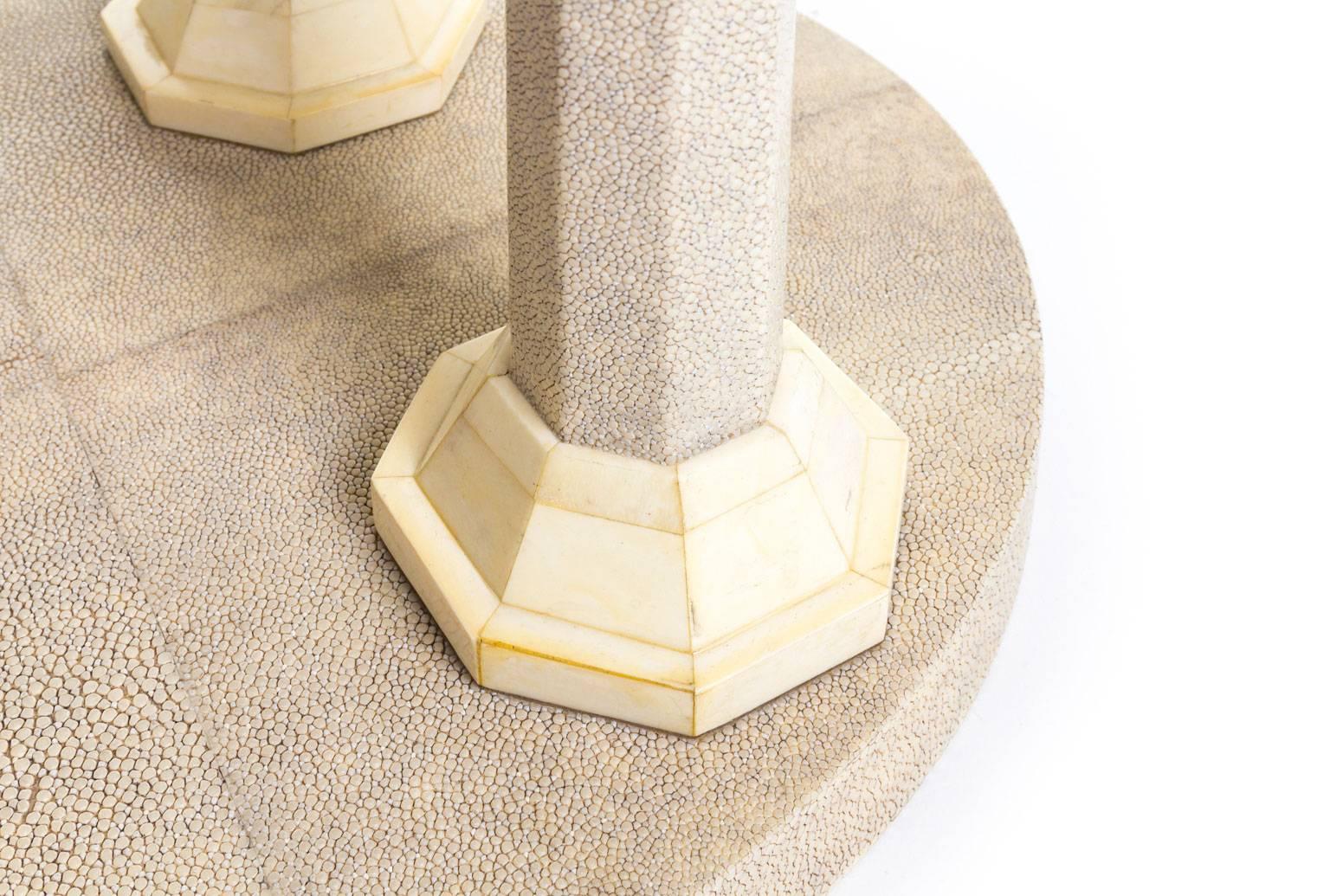 A very fine shagreen and bone stool replica in the style of Jules Leleu (1883-1961). This model was designed in 1925 and reflects the elegance of the period it was made in.
