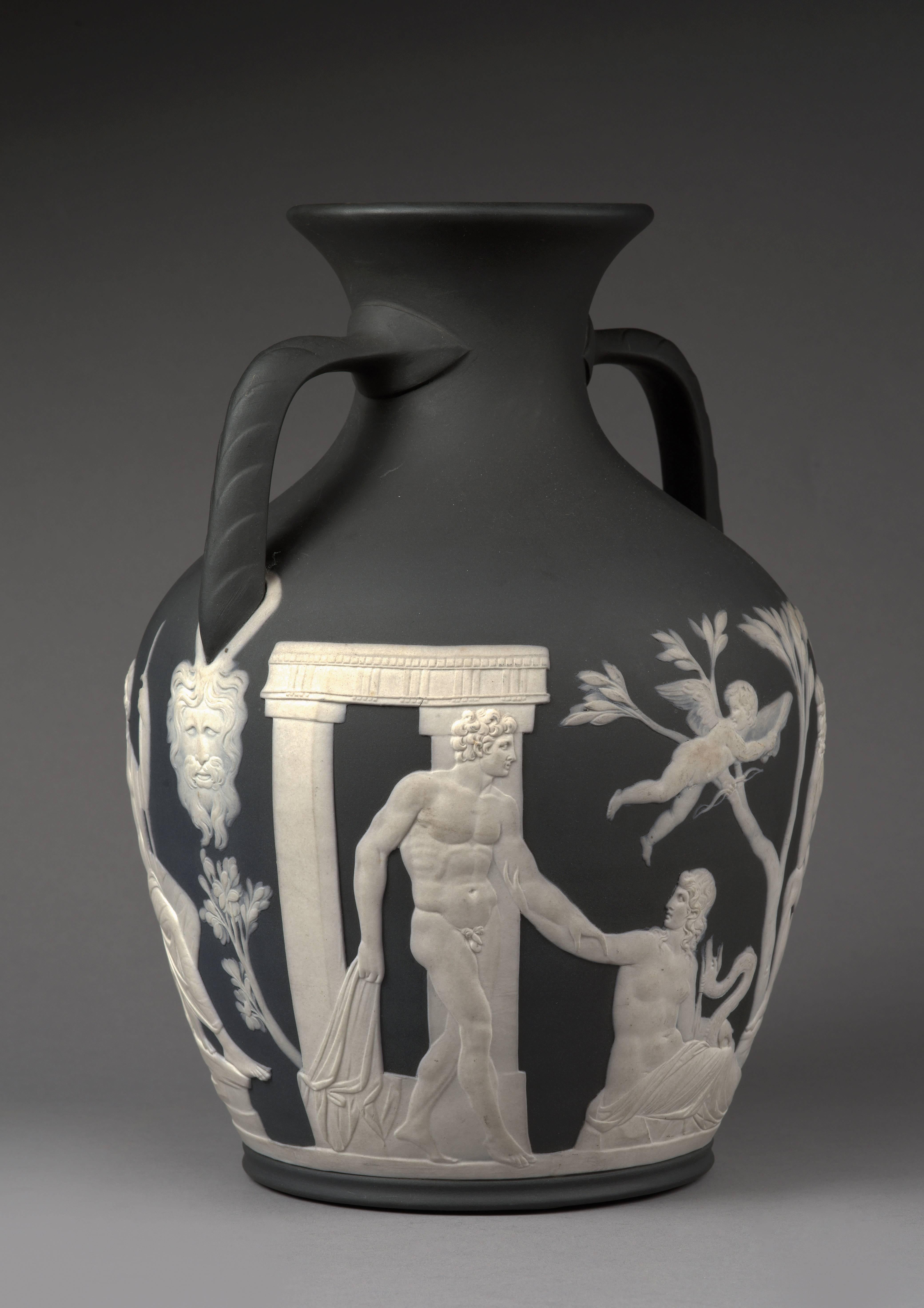 The famous Portland vase by Wedgwood. Signed and dated with horizontal I which indicates the year of manufacturing 1880. Named after the Duchess of Portland, Margaret Cavendish Bentinck (1715-1785), one of the owners of the original vessel. Black