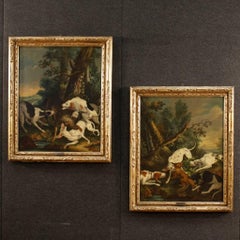 18th Century Pair of Hunting Scene Paintings Oil on Canvas