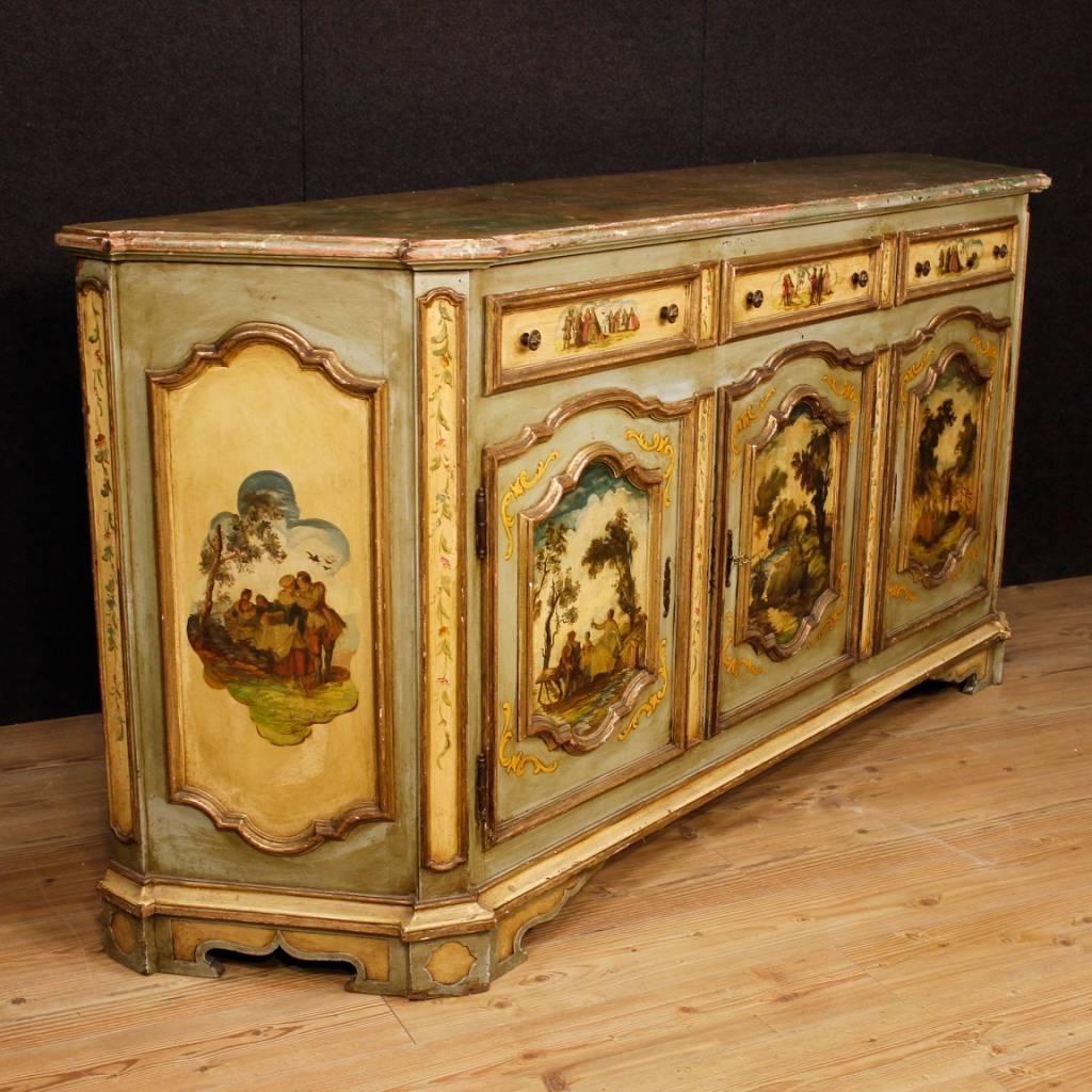Italian 20th Century Venetian Lacquered and Painted Sideboard in Wood