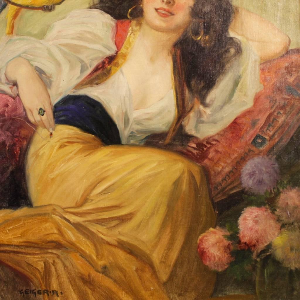 Gilt 20th Century Hungarian Painting Portrait of Woman Oil on Canvas