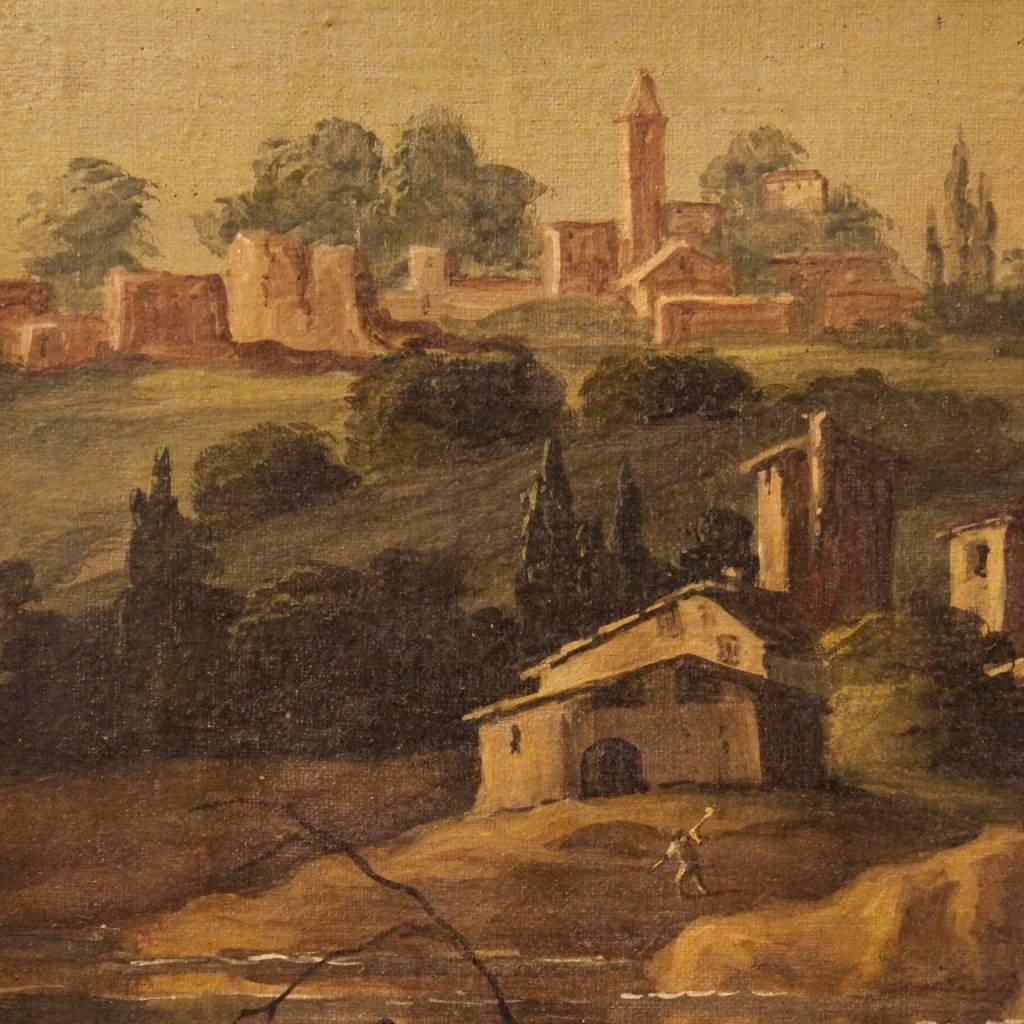19th Century Oil on Canvas Italian Landscape Painting Characters Architecture