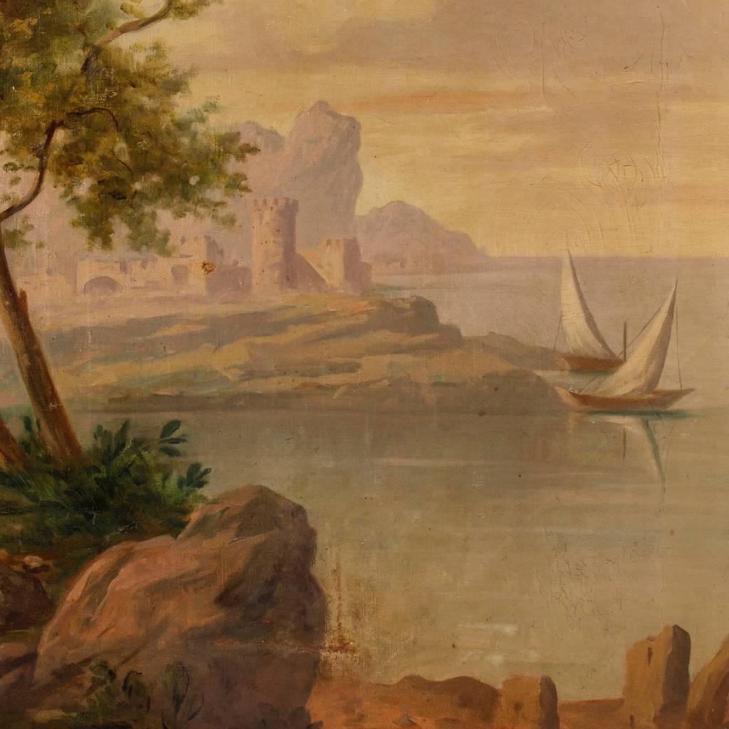 Italian Seascape with Ruins and Characters Painting Oil on Canvas, 20th Century In Fair Condition In Vicoforte, Piedmont