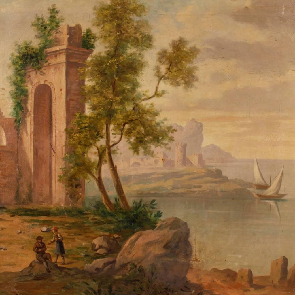 Italian painting of the first half of the 20th century. Work oil on canvas depicting seascape with ruins and characters of good hand pictorial and fabulous decoration. Painting of great measure and impact, ideal to fit in a salon. Modern, golden and