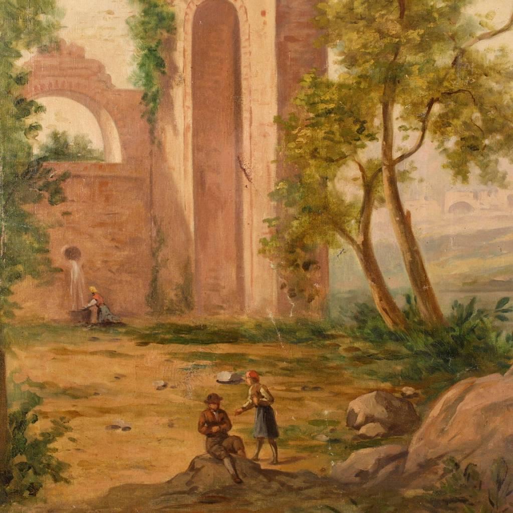 Gilt Italian Seascape with Ruins and Characters Painting Oil on Canvas, 20th Century