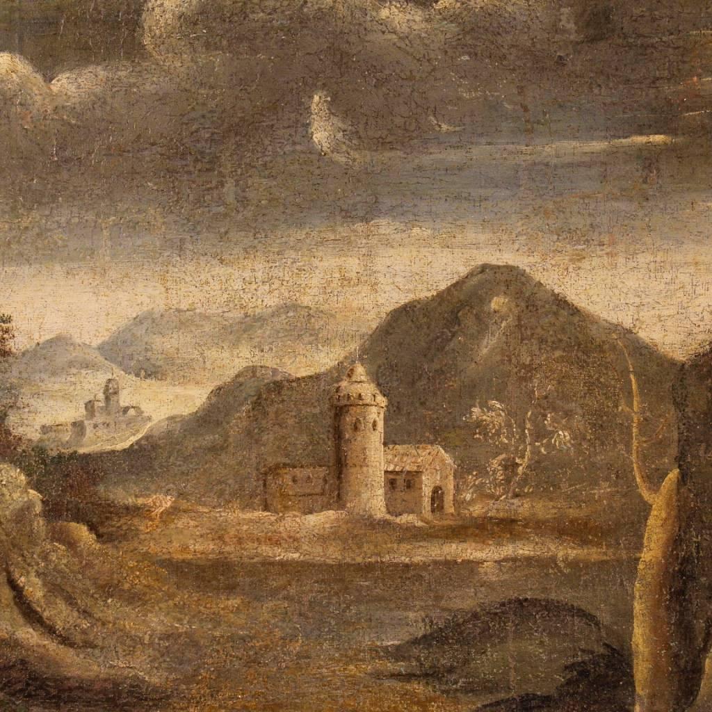 Gilt Italian Landscape with Architectures Painting Oil on Canvas, 18th Century