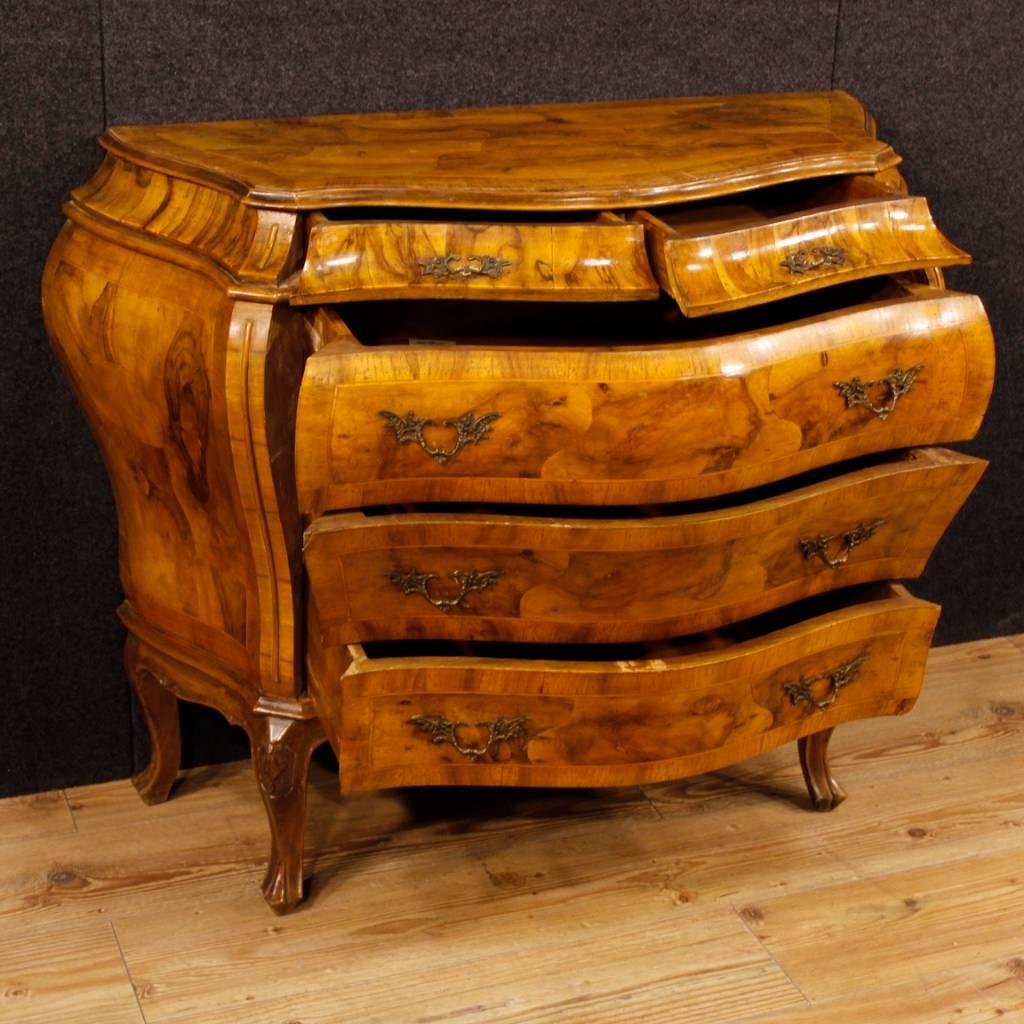 Italian Venetian Dresser with Five Drawers in Burl and Walnut Wood, 20th Century