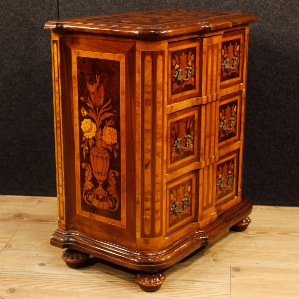 20th Century Pair of Italian Inlaid Bedside Tables in Rosewood, Walnut, Burl, Maple