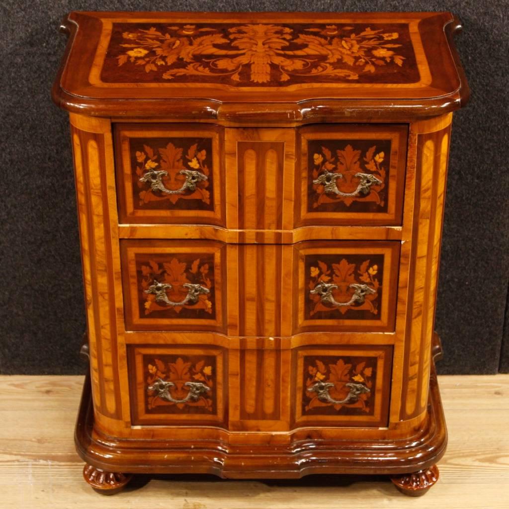 Inlay Pair of Italian Inlaid Bedside Tables in Rosewood, Walnut, Burl, Maple