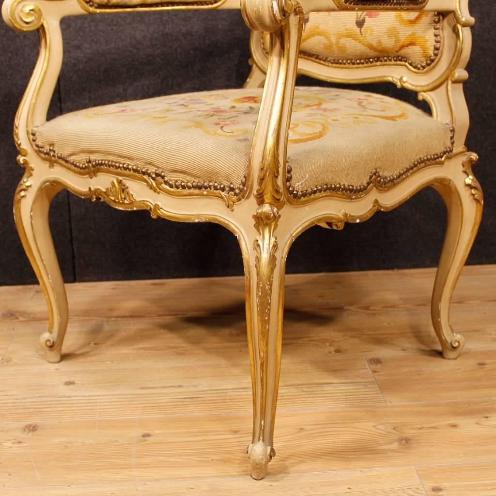 Pair of Italian Lacquered and Gilt Armchairs in Louis XV Style, 20th Century 4