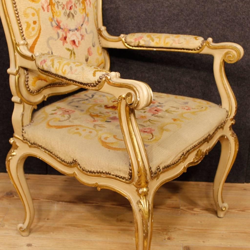 Pair of Italian Lacquered and Gilt Armchairs in Louis XV Style, 20th Century 2