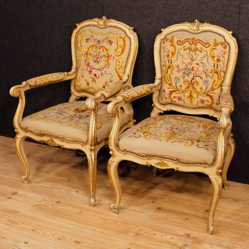 Fabric Pair of Italian Lacquered and Gilt Armchairs in Louis XV Style, 20th Century