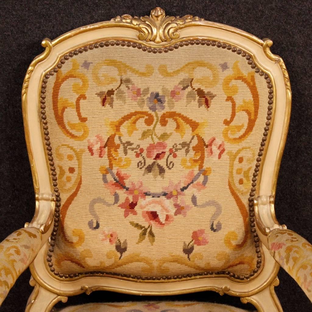 Pair of Italian Lacquered and Gilt Armchairs in Louis XV Style, 20th Century 1