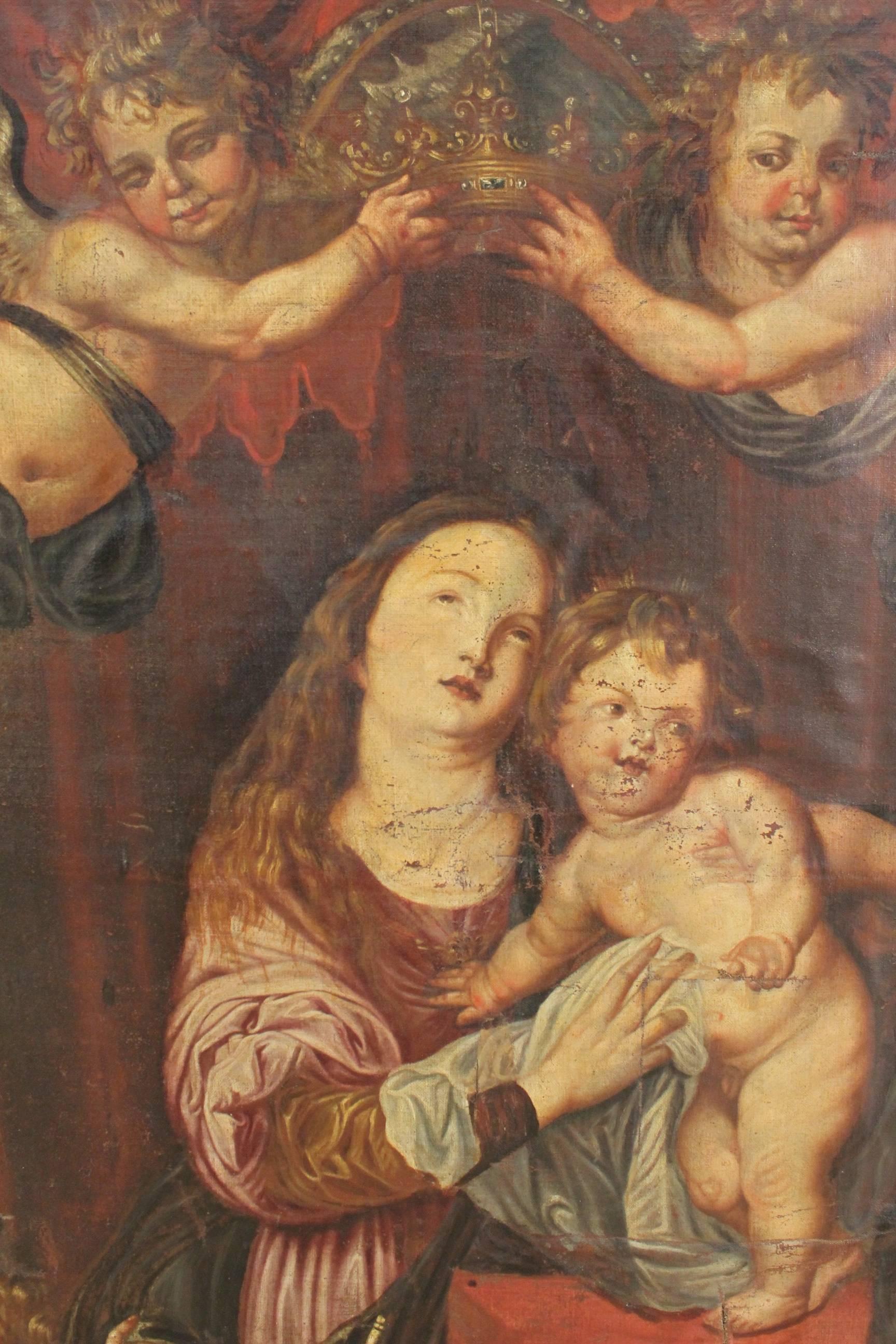 Italian Religious Painting Oil on Canvas Coronation of Virgin 18th Century 4