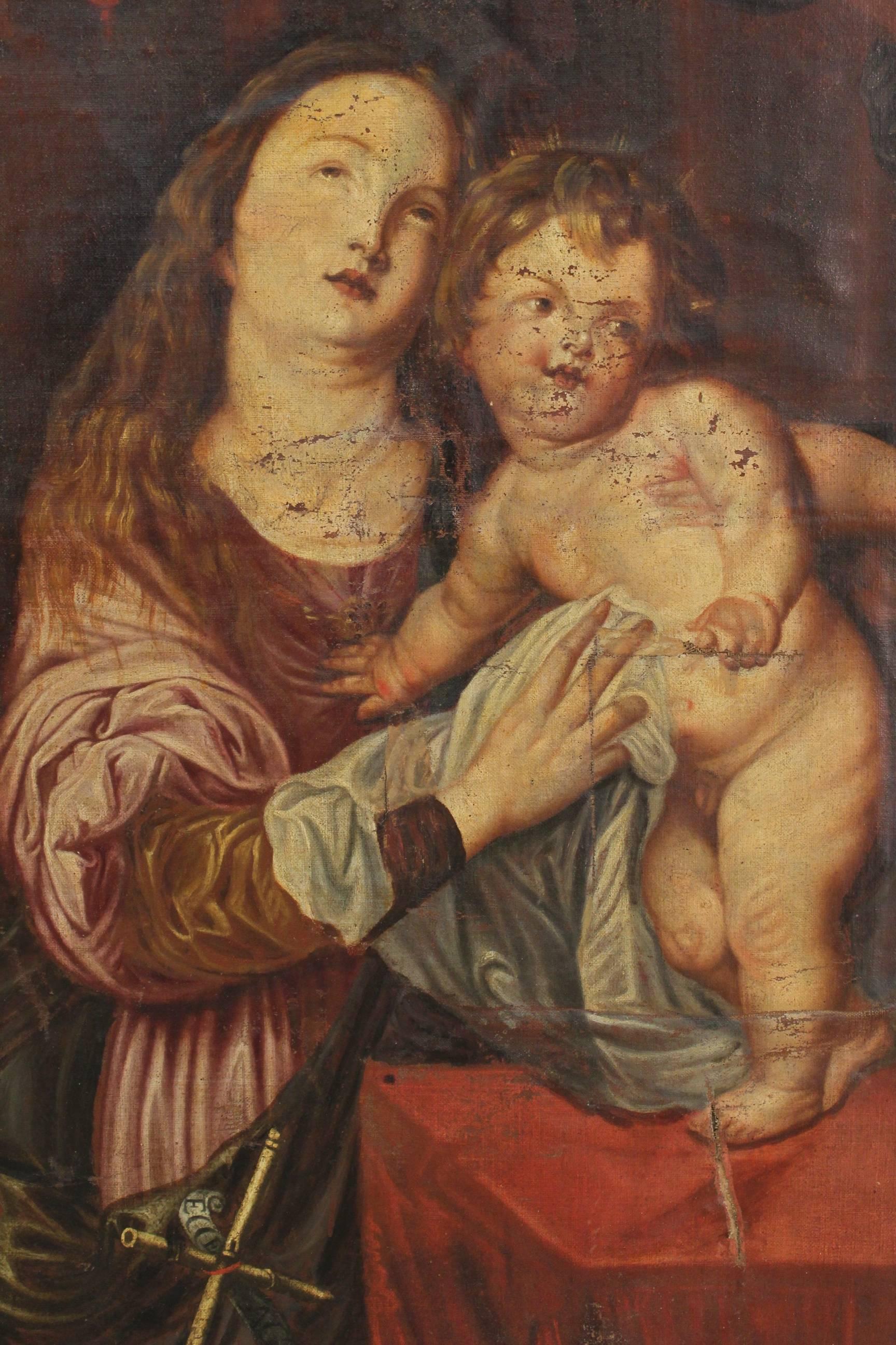 Italian Religious Painting Oil on Canvas Coronation of Virgin 18th Century In Fair Condition In Vicoforte, Piedmont